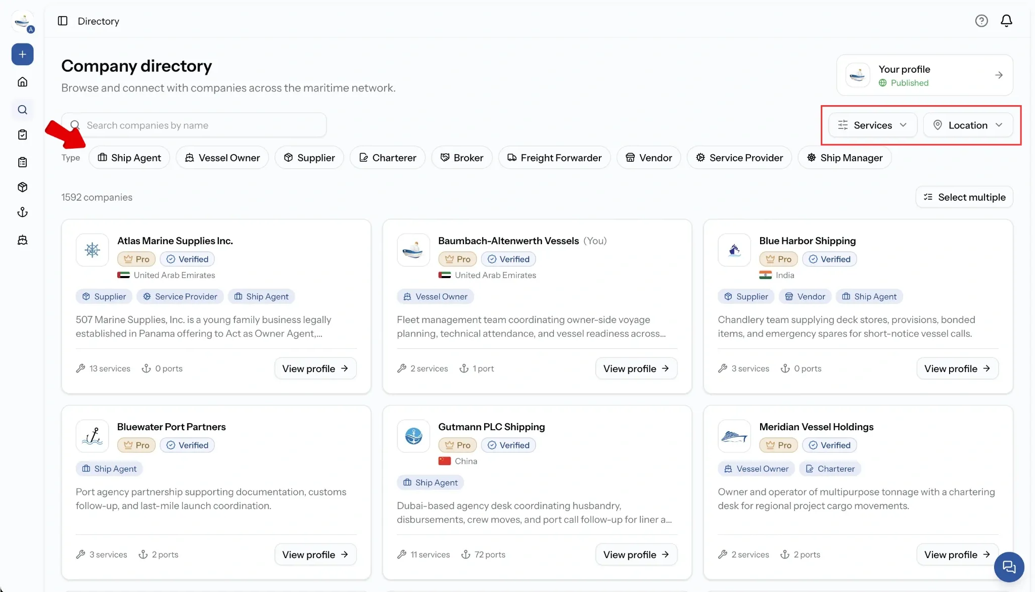 PortzApp directory filtered to ship agents, showing the company type chips, the services and location filters, and the number of matching companies