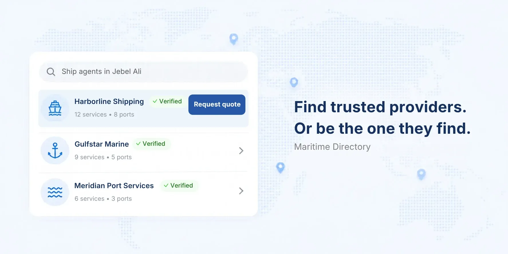 Maritime Directory search showing verified ship agents with a Request quote option.