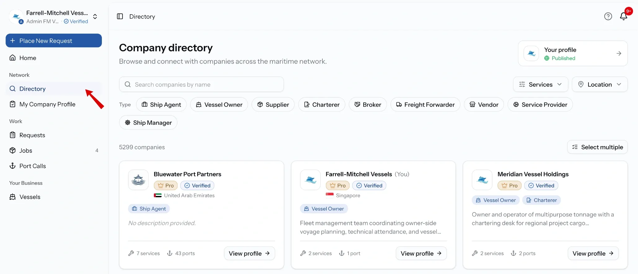 PortzApp company directory with Directory highlighted in the sidebar, showing search, company type chips, and company cards with badges and service and port counts