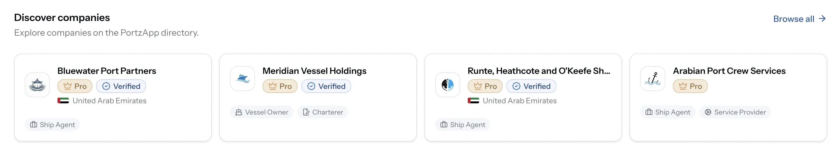  PortzApp dashboard Discover companies panel showing four company cards with Pro and Verified badges, country, and company type chips such as Ship Agent and Vessel Owner