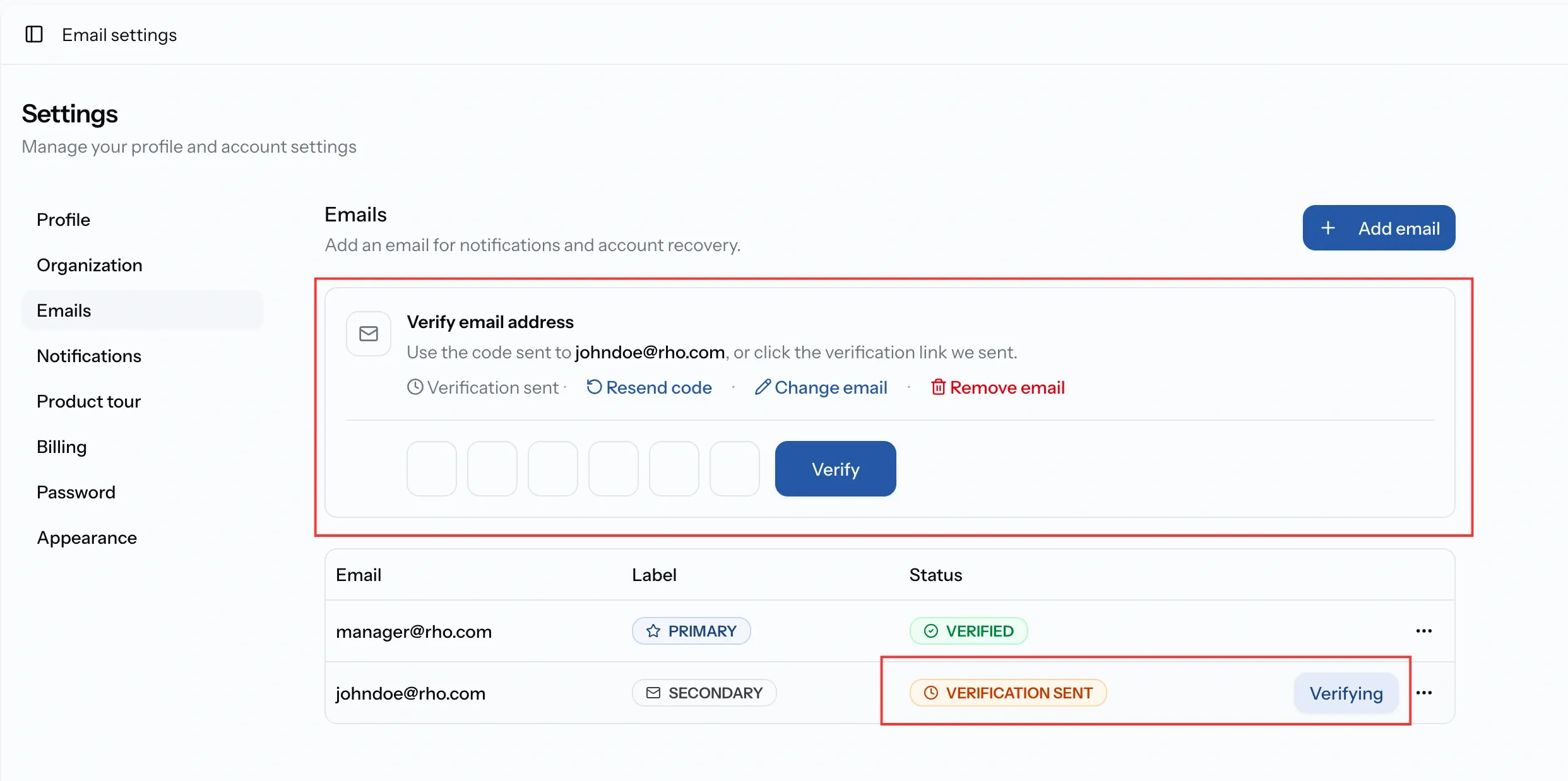 PortzApp verify email address panel showing a six-digit code entry alongside resend code, change email and remove email options