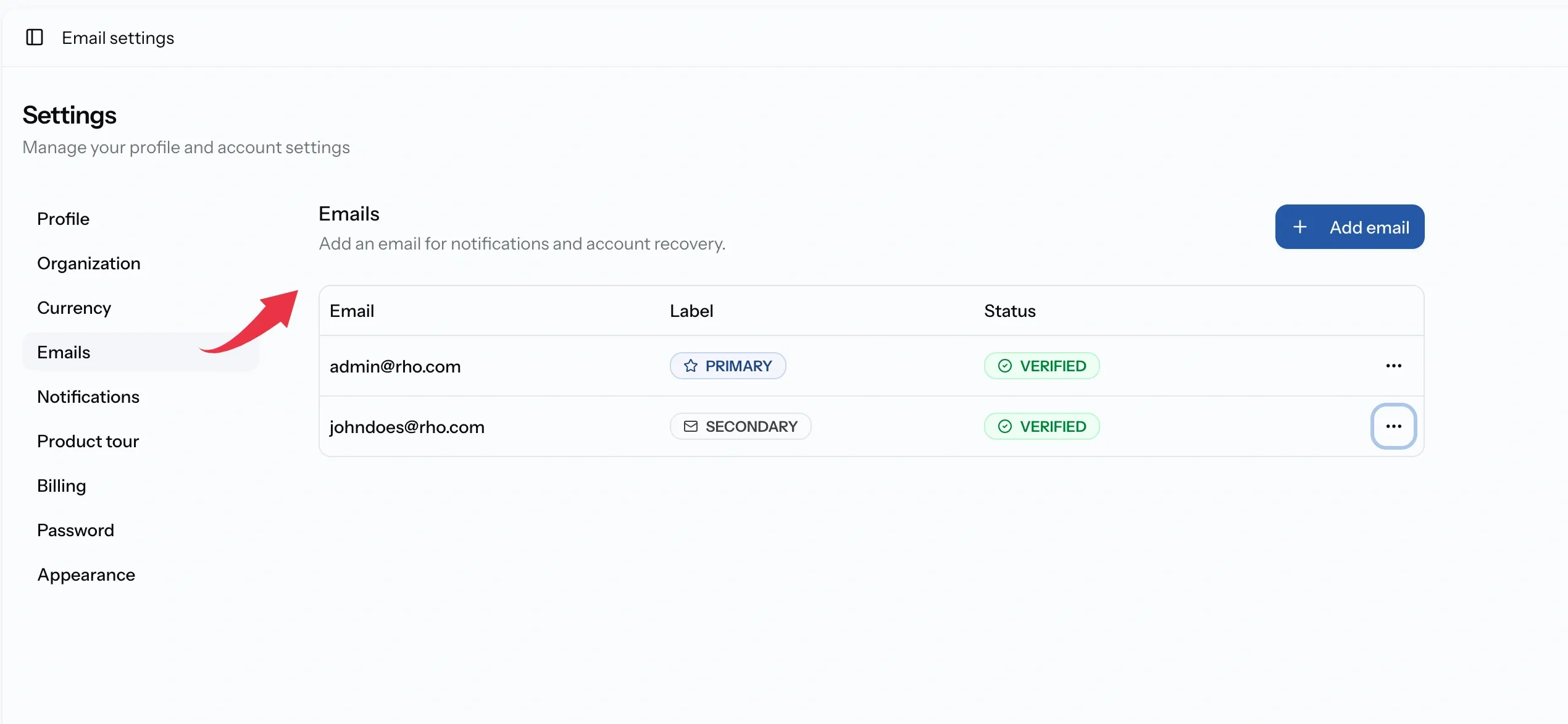 Settings Emails page listing addresses, each with a Primary or Secondary badge and a Verified or Verification sent badge, and an Add email button above