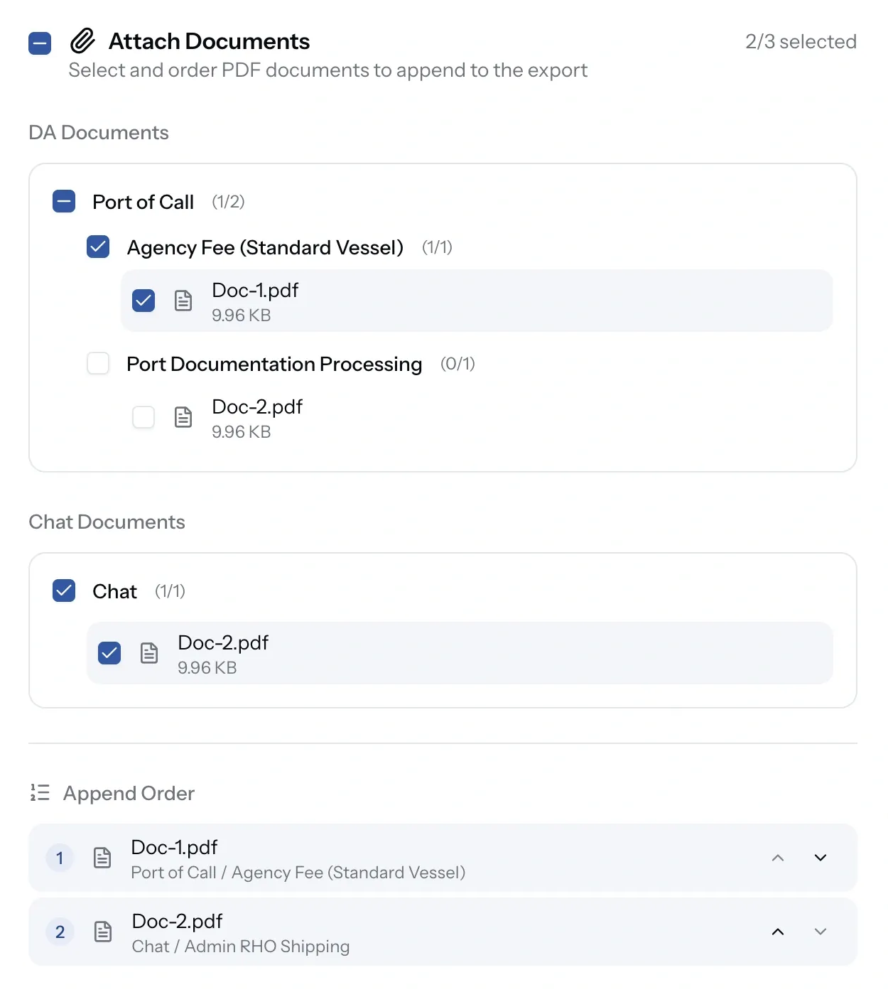 PortzApp export document attachments panel showing DA item and chat PDFs with an append order