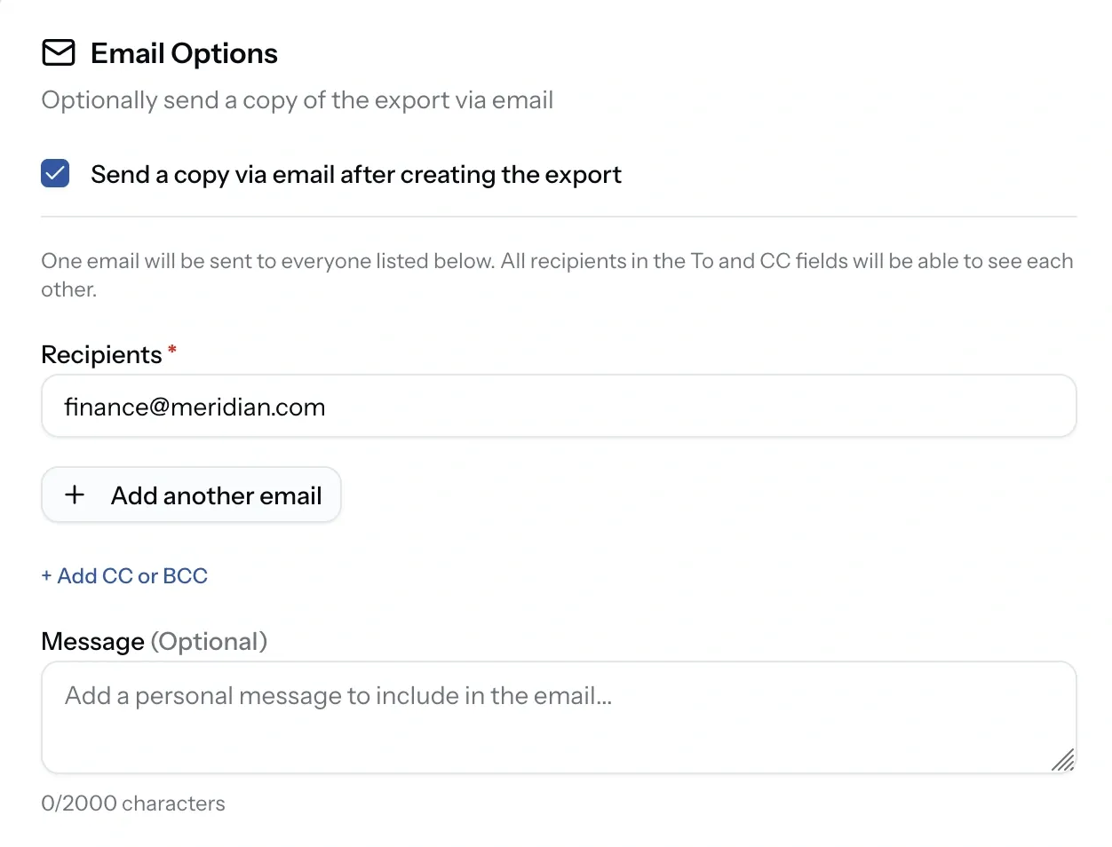 PortzApp export email options showing recipient, CC and BCC fields alongside a message