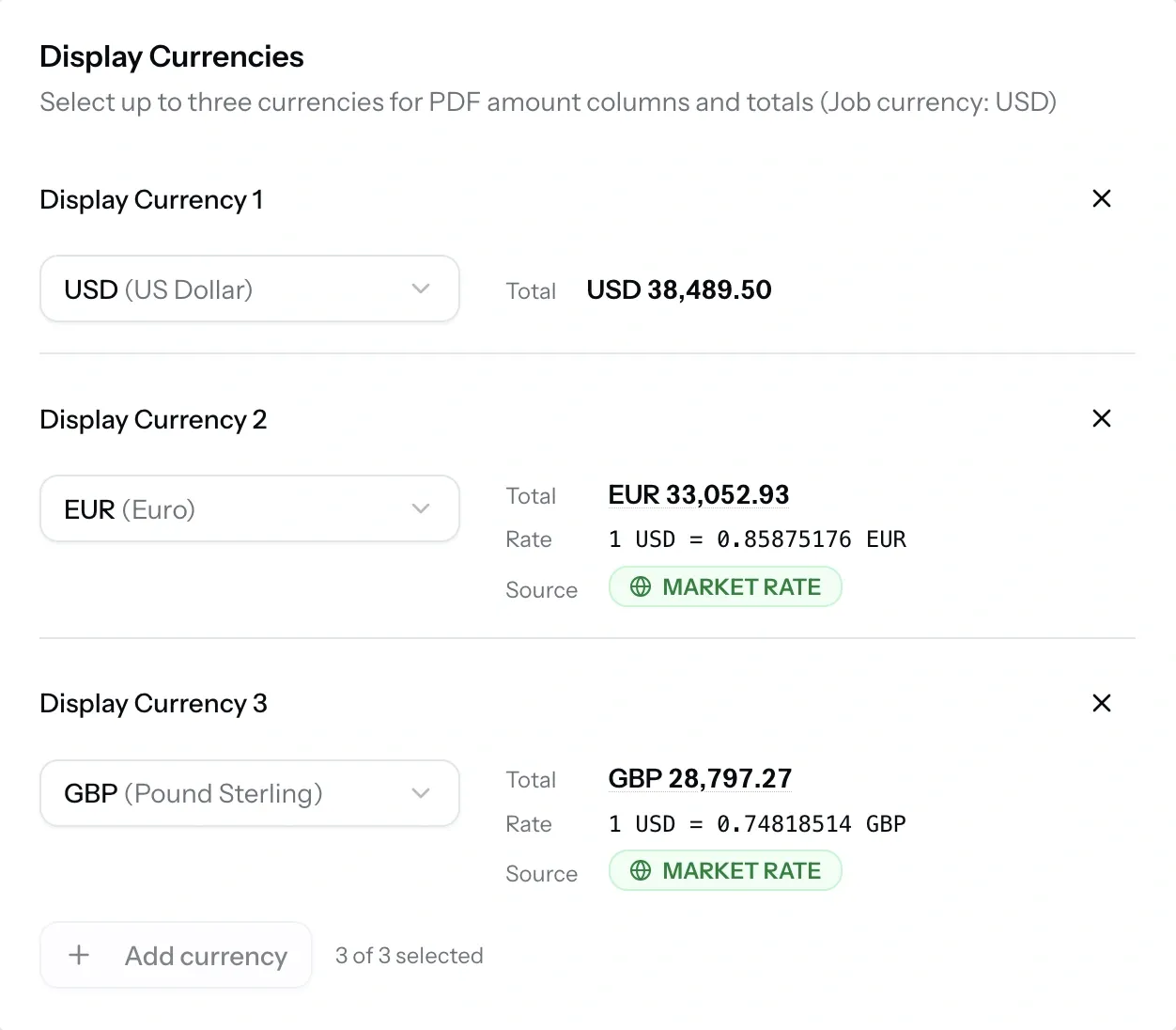 PortzApp export form showing selected display currencies alongside their exchange rates and rate sources