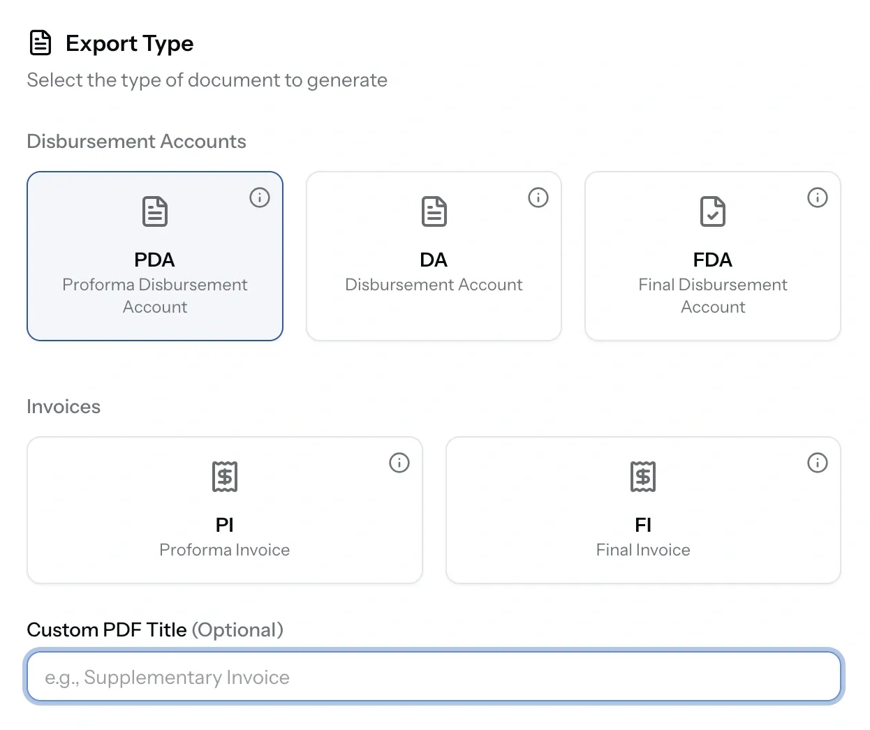 PortzApp export document type selection showing the disbursement account and invoice types alongside a custom option with its own title