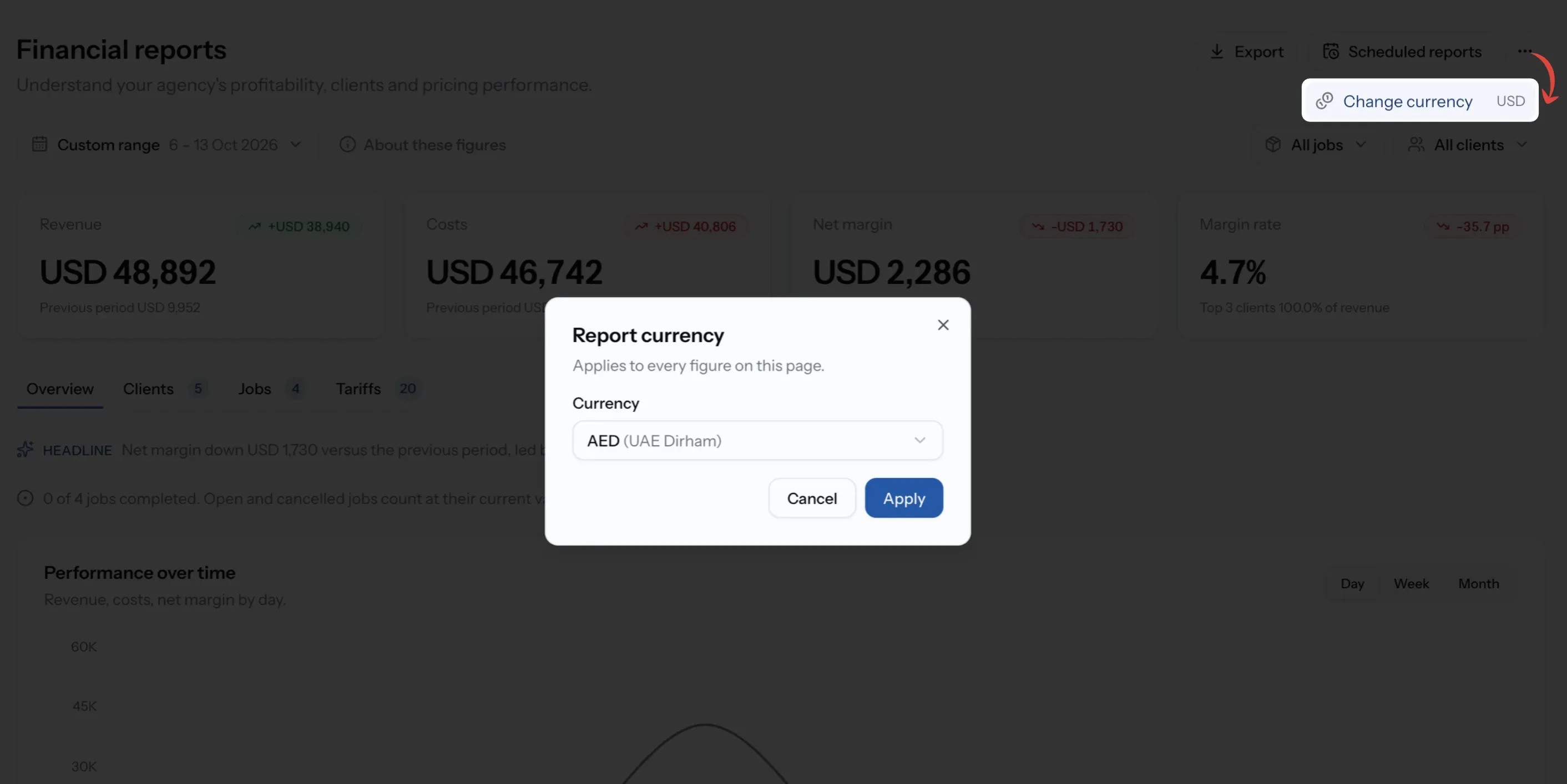 Report currency window with Apply