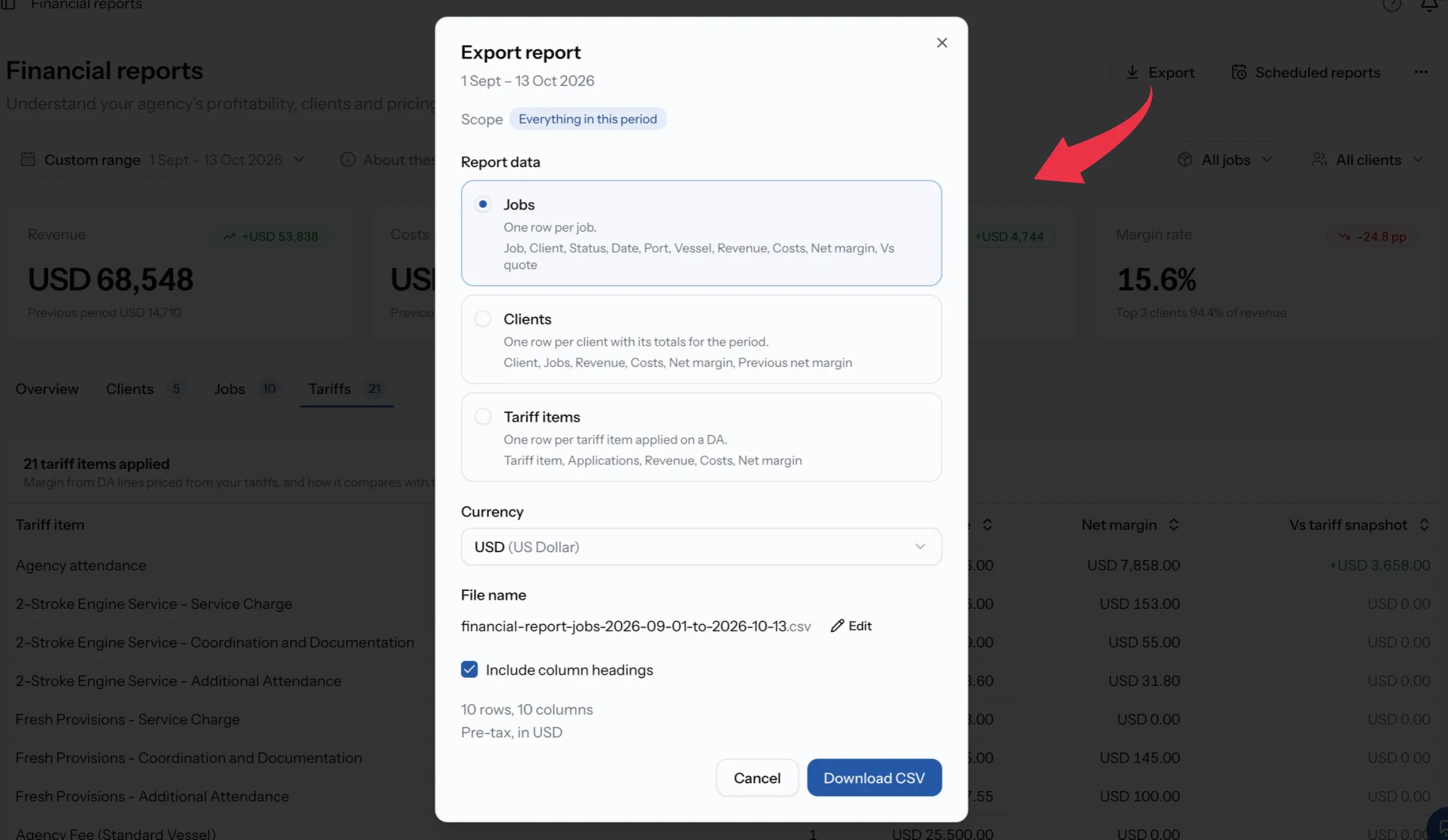 Export report with report data, currency and file name