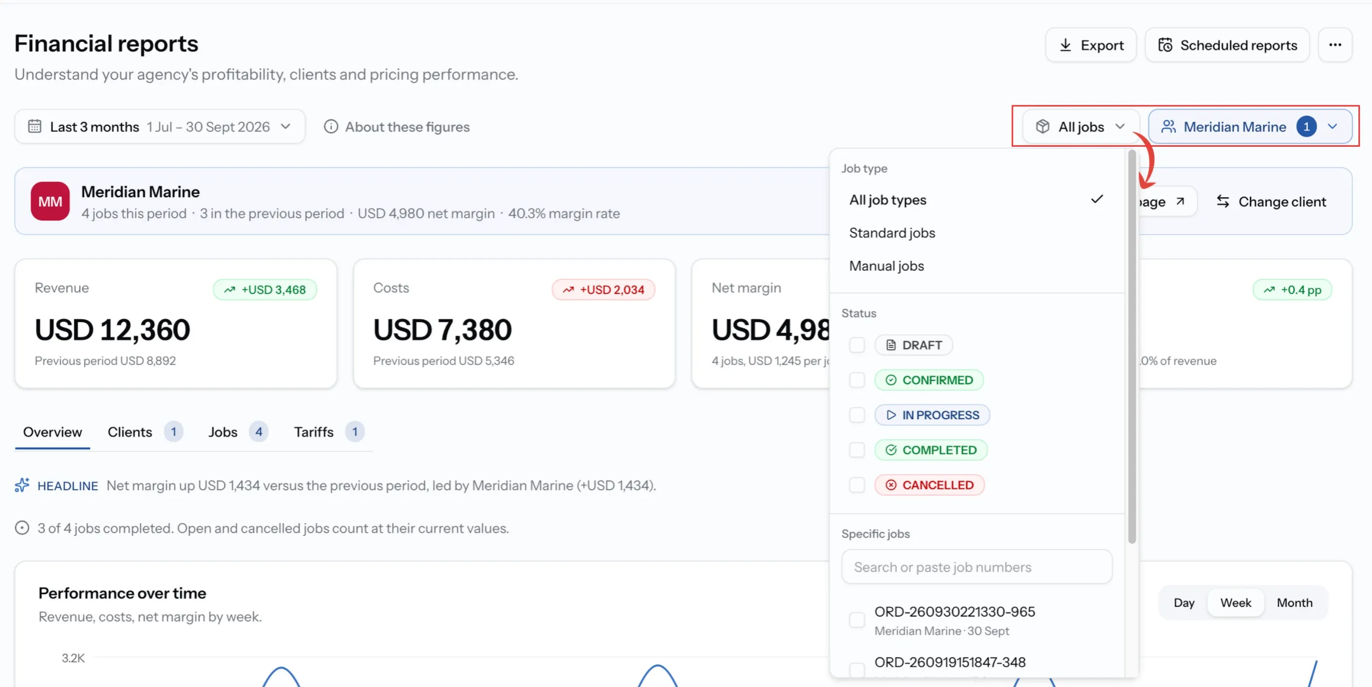 Report filters for client, job type and status