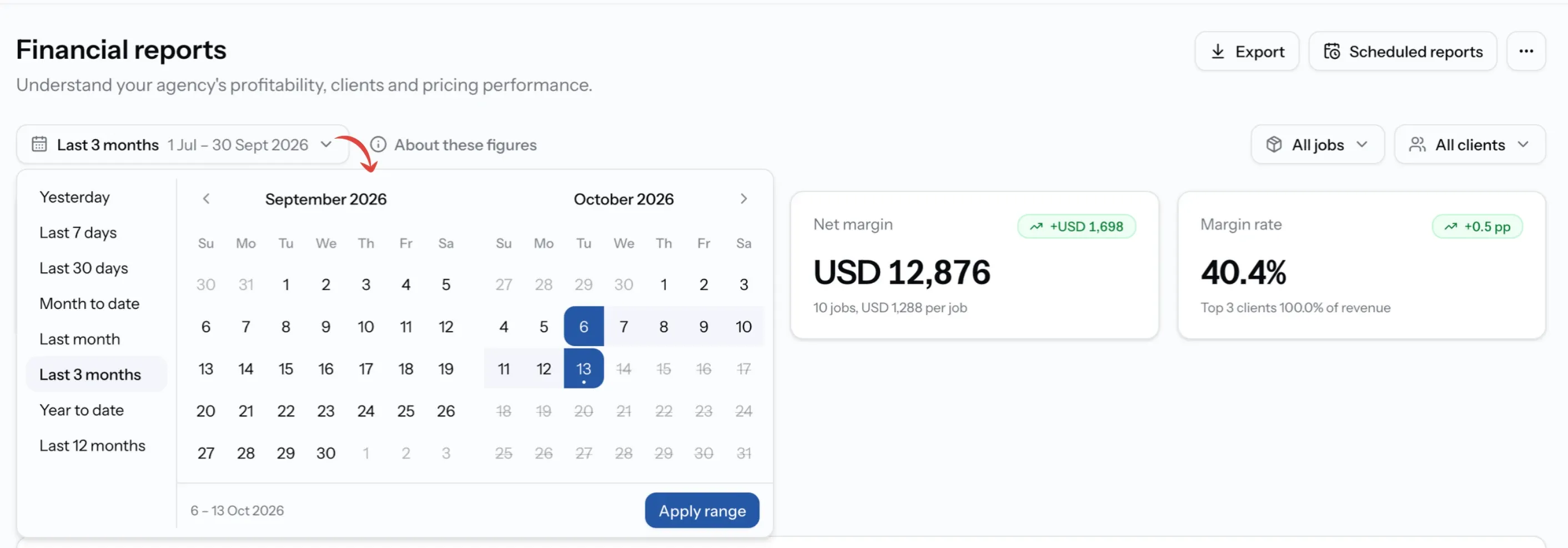 Period selector with presets and custom dates