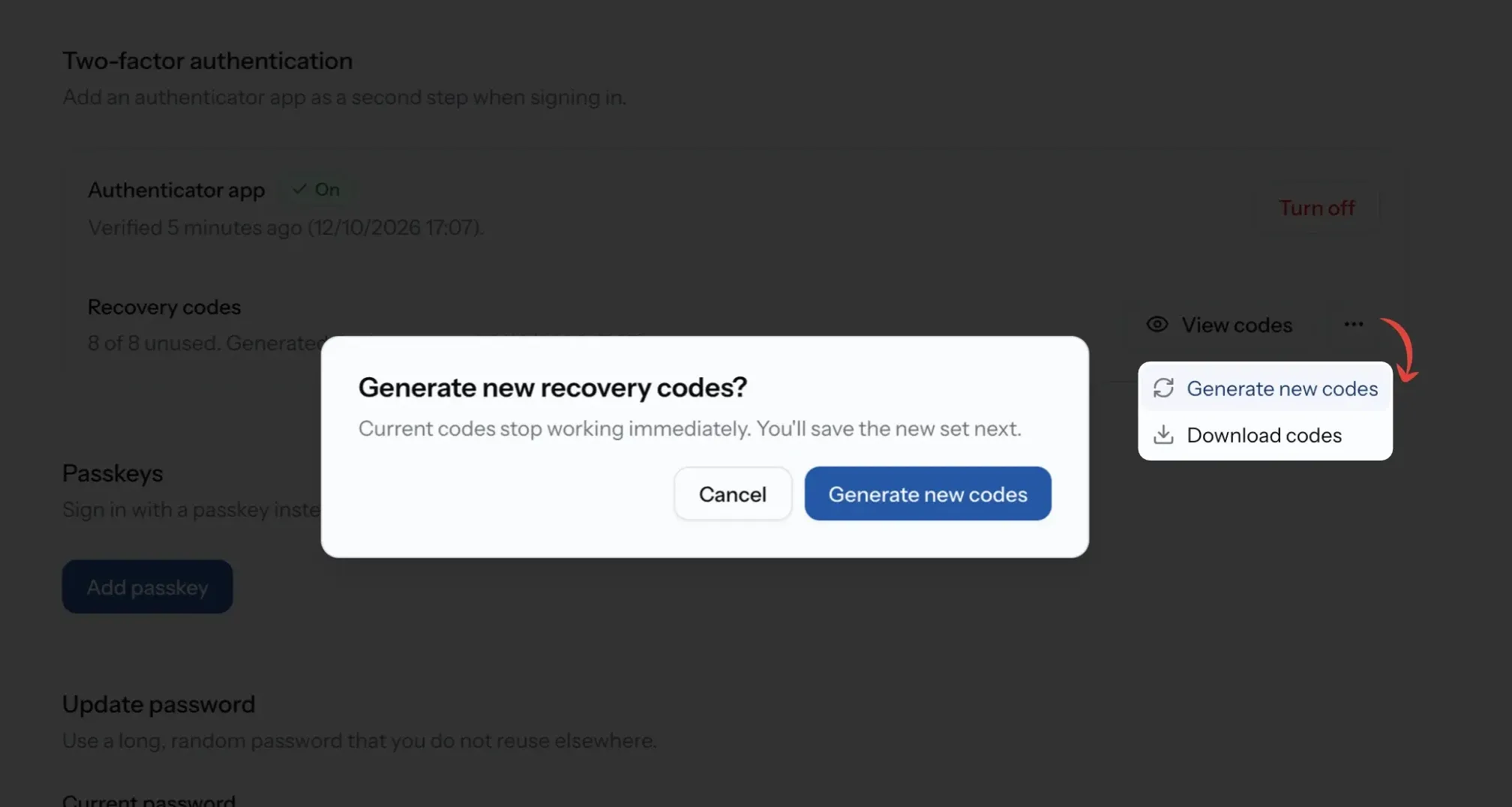 Generate new recovery codes confirmation