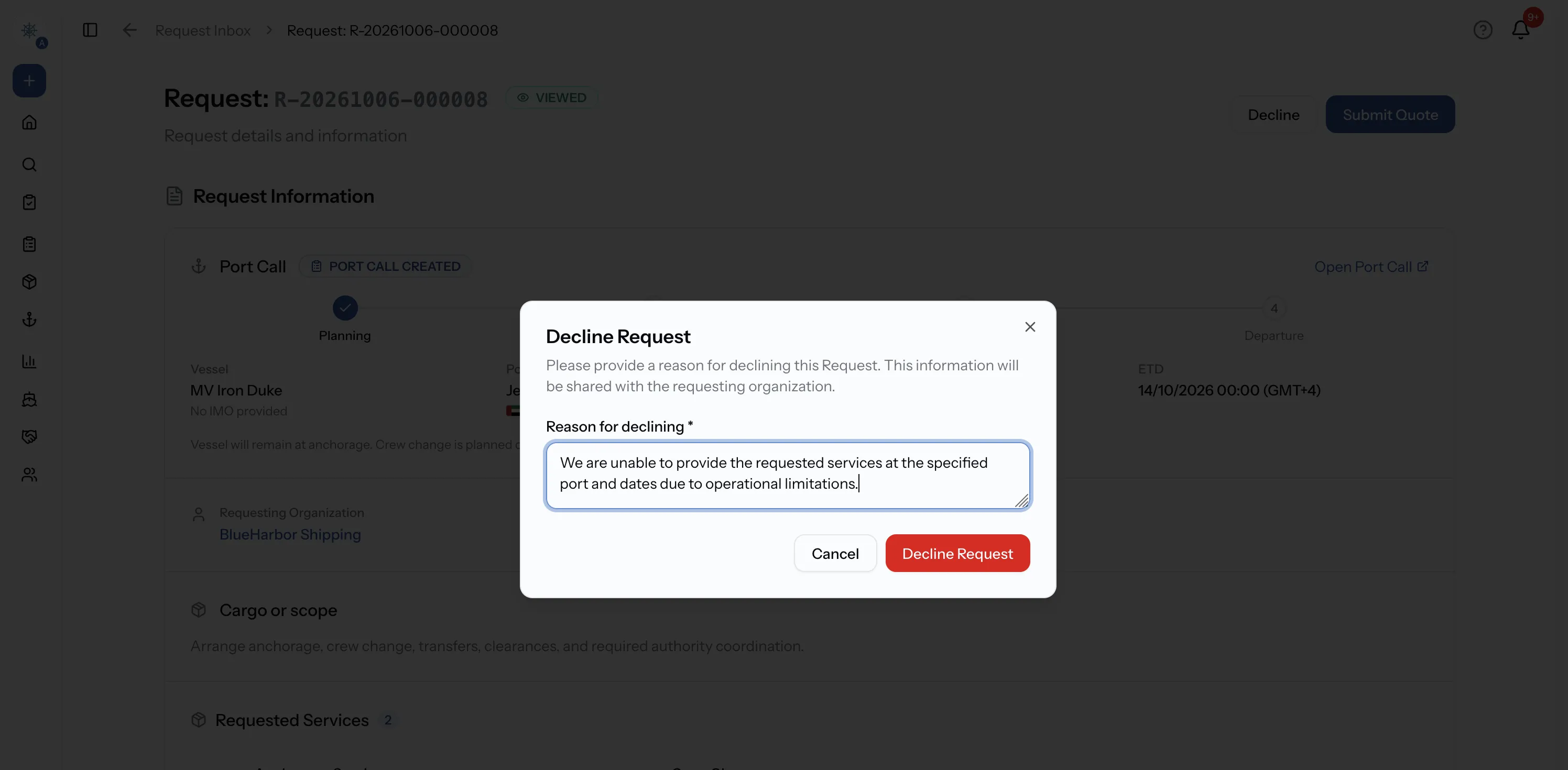 The Decline Request dialog with a reason typed into Reason for declining and the Decline Request button visible.
