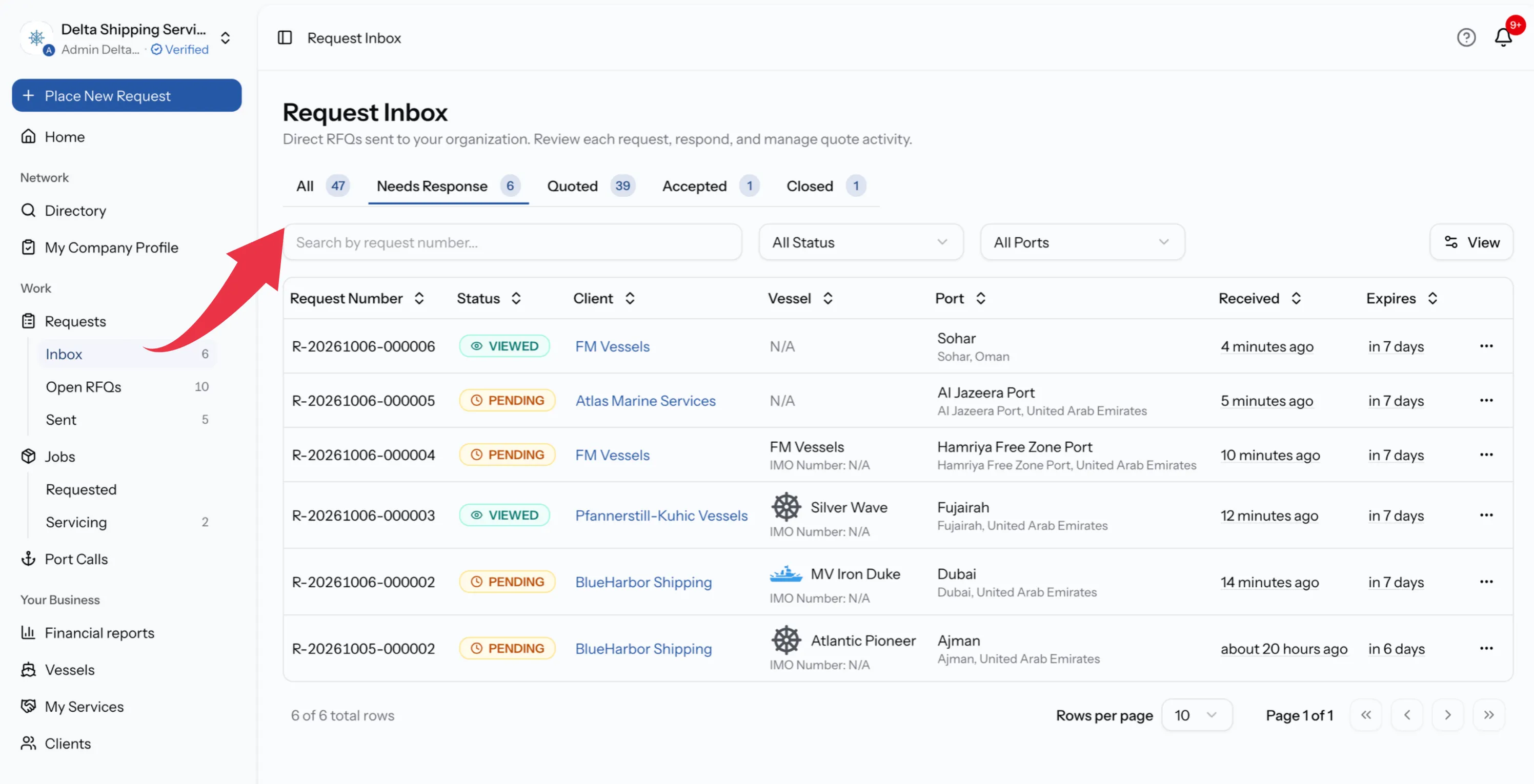 The sidebar of a ship agent account with Requests expanded, Inbox highlighted and showing a count badge, and Open RFQs and Sent below it.