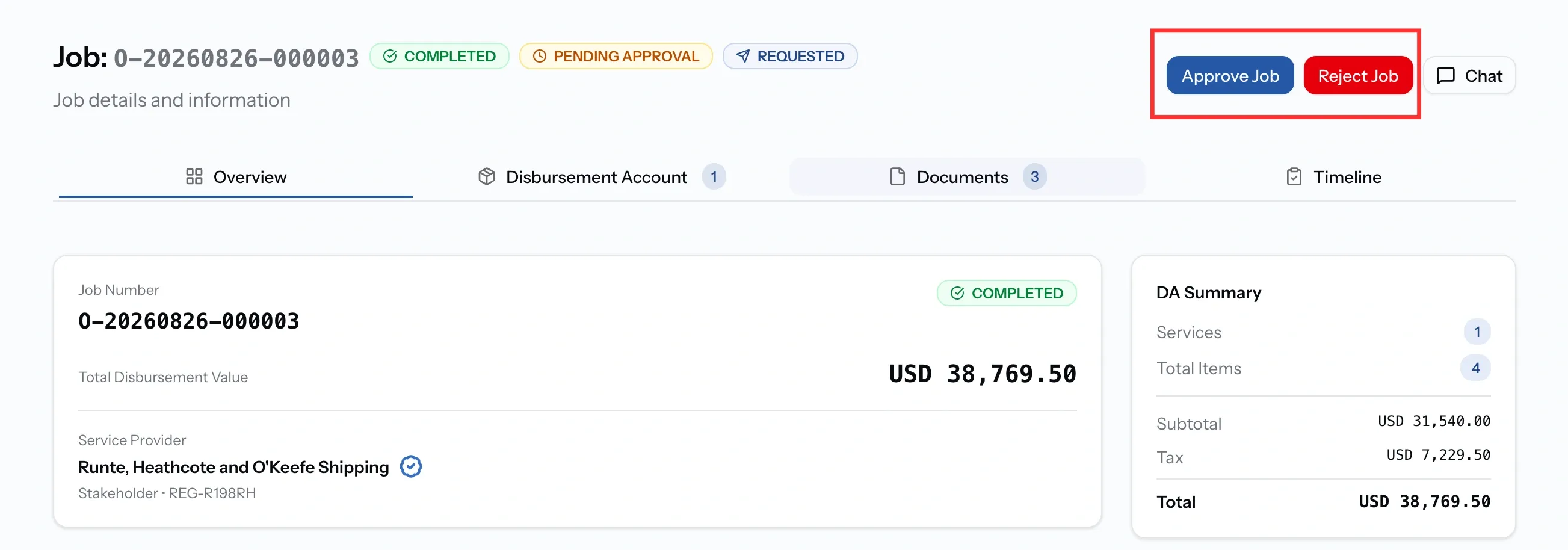 PortzApp job header showing completed and pending approval badges with Approve Job and Reject Job actions