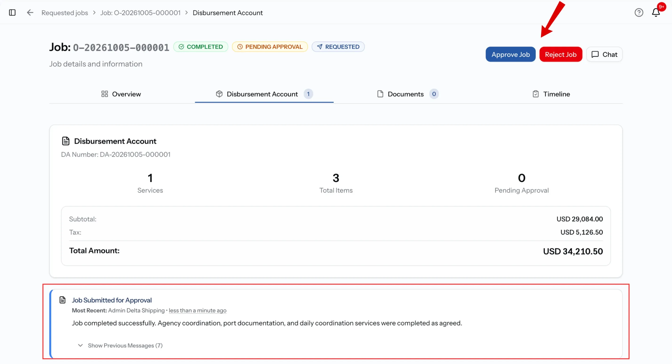 Pending Approval job with Approve Job and Reject Job buttons