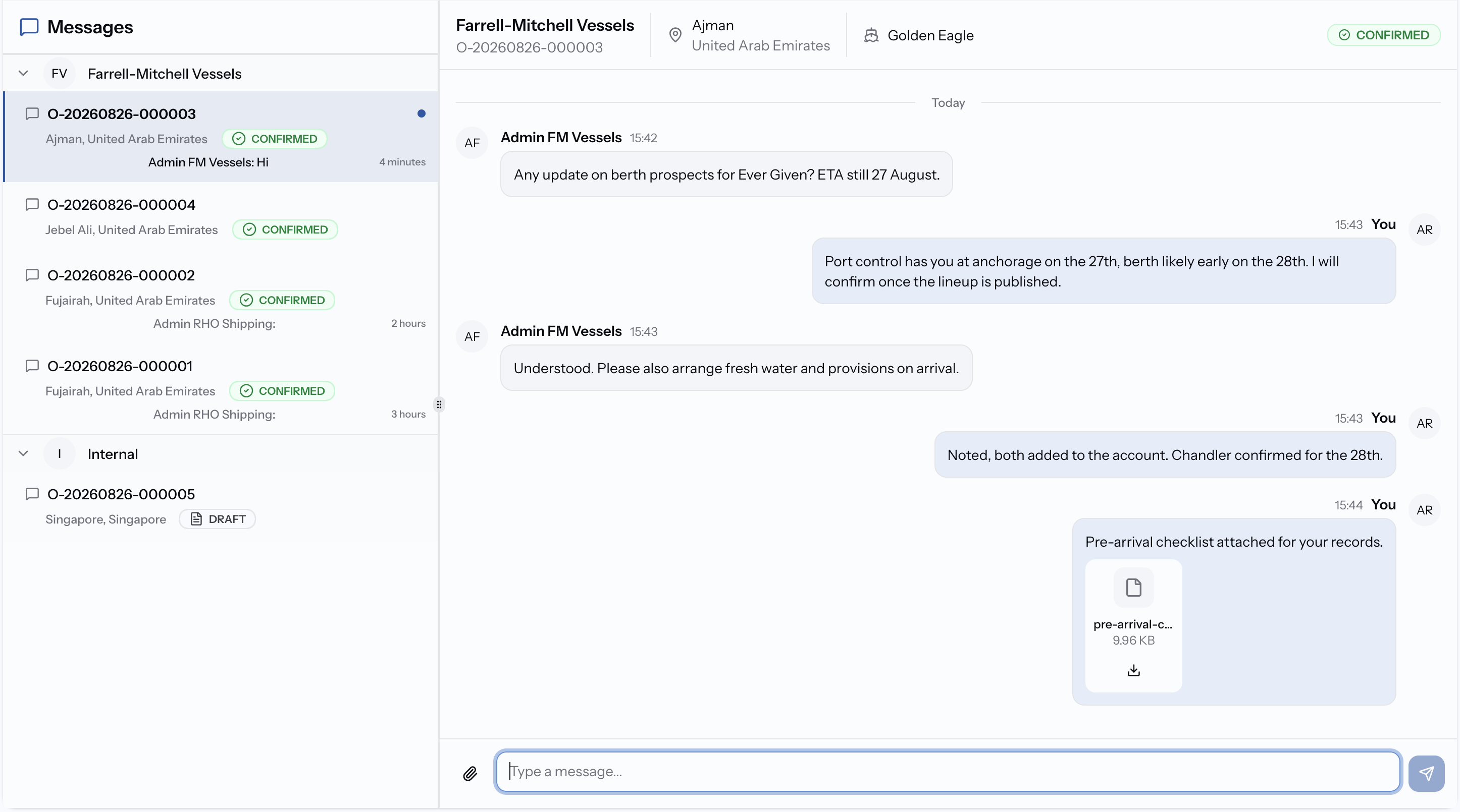  PortzApp Messages showing conversations grouped by job alongside an open thread with its job number, counterparty, vessel and port details