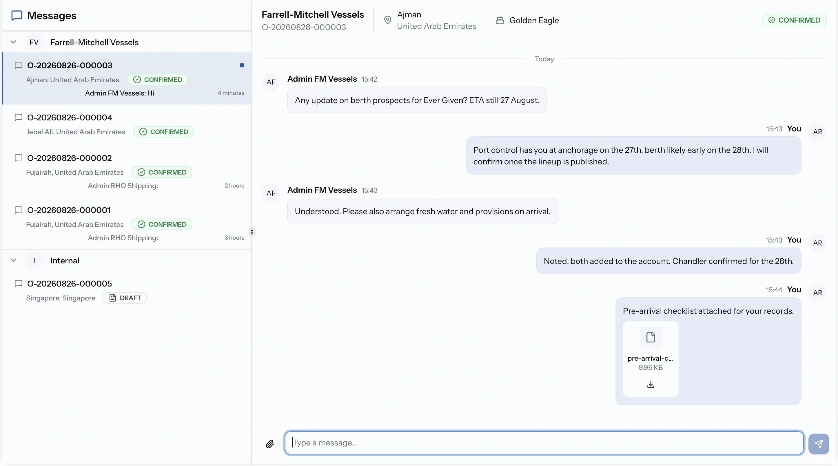 Job chat with job, vessel and port in the header
