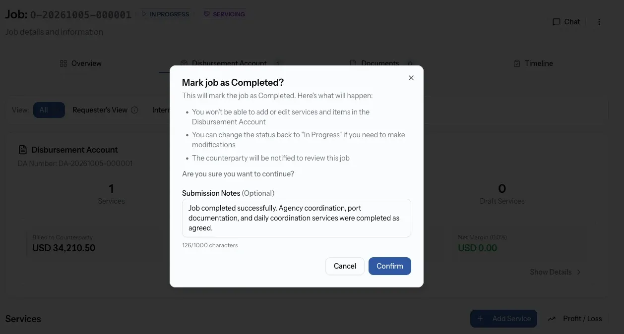 Mark job as Completed dialog with notes field