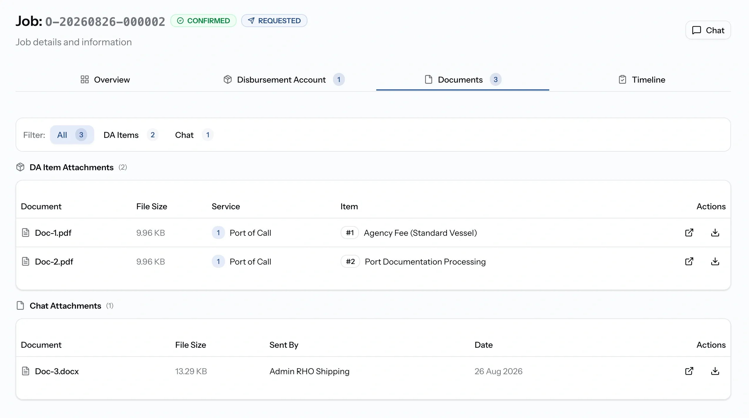 PortzApp job Documents tab showing filters for all, DA items and chat, with account attachments listed against their service and item, and chat attachments listed with sender and date