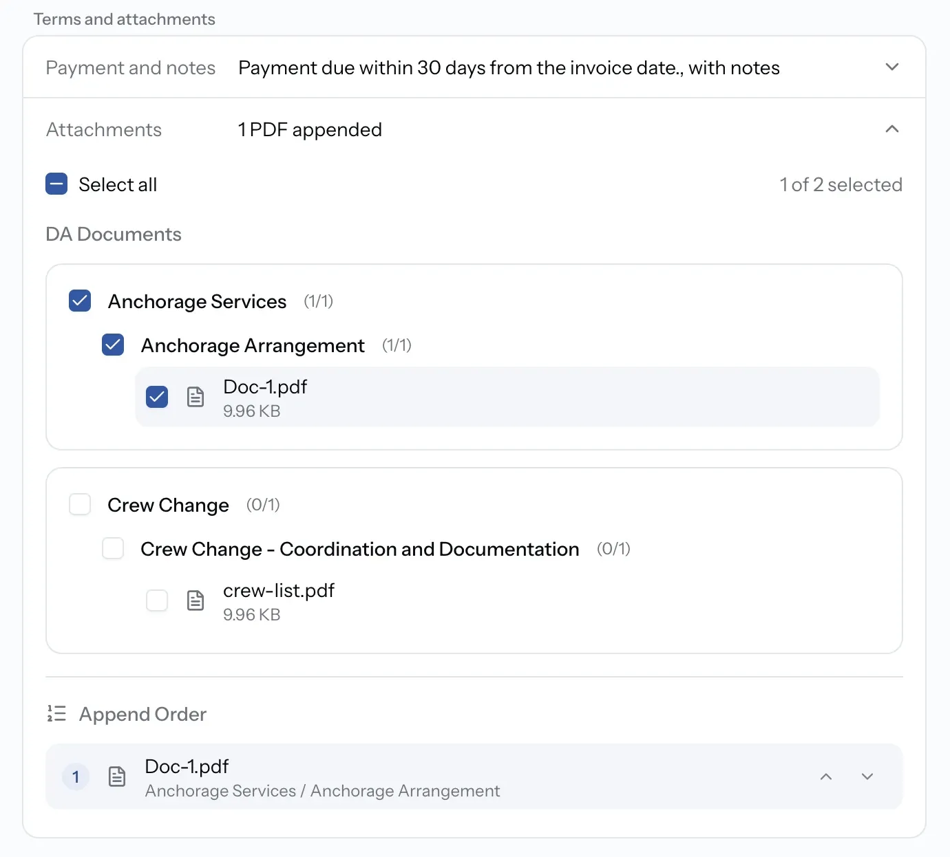 Attachments section with supporting PDFs selected