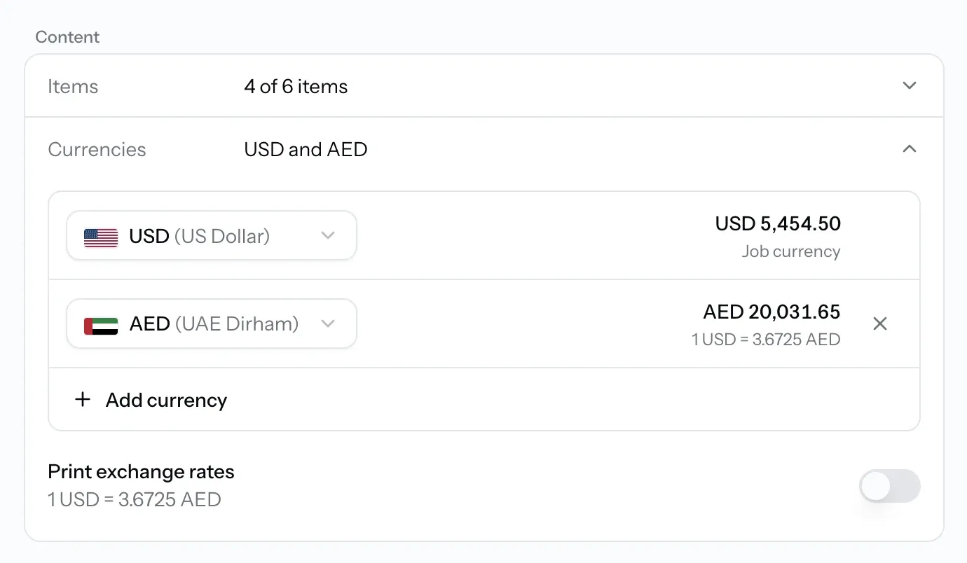 Currencies section with a second currency and its rate