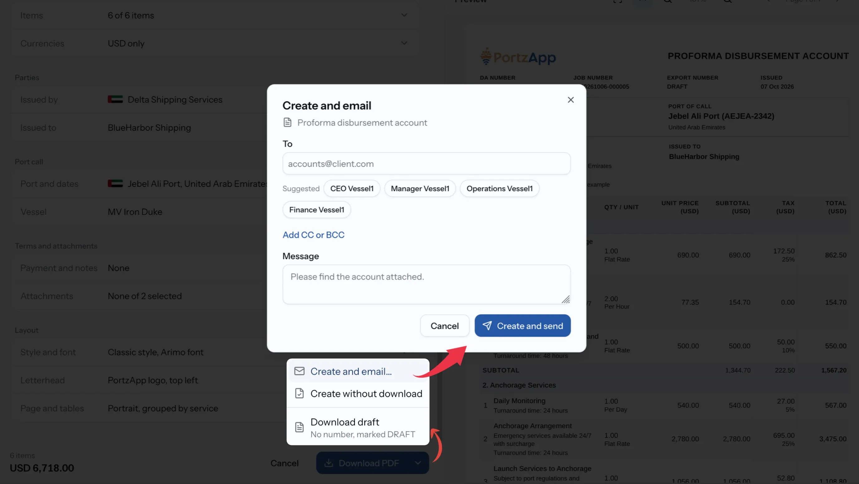 Create and email window with recipients and a message