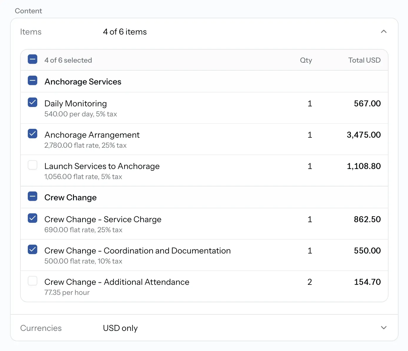 Items section with billable items to select