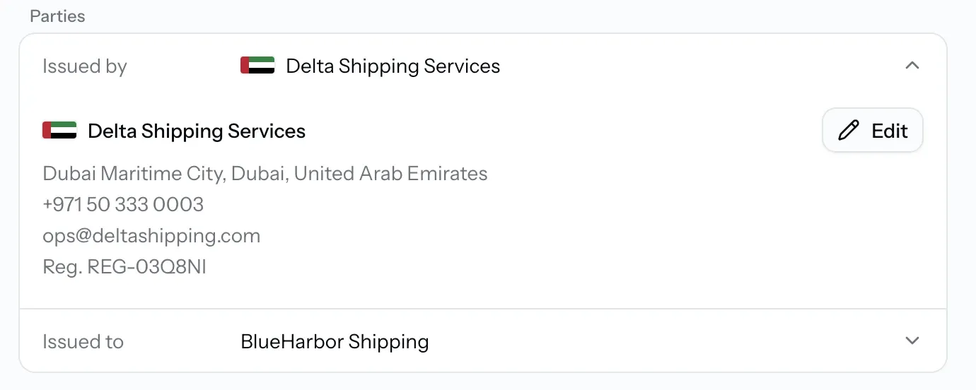 Issued by and Issued to details on the export form