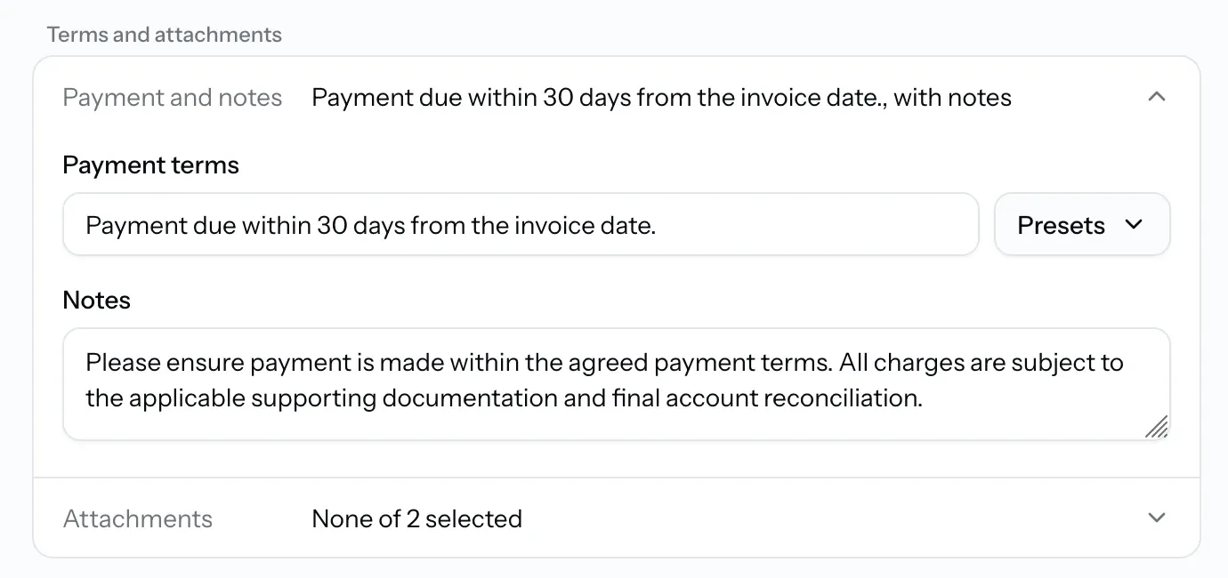 Payment and notes section of the export form