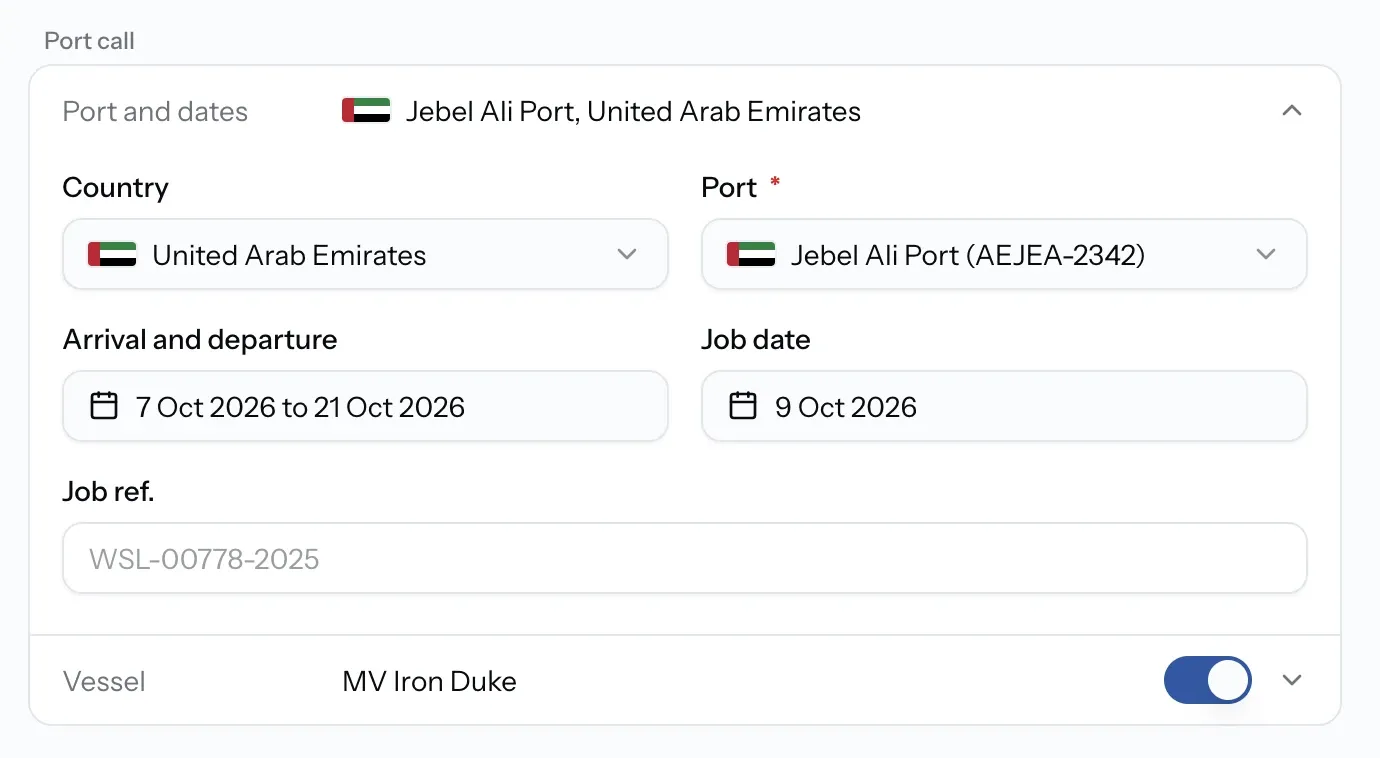 Port and dates section with arrival, departure and job date