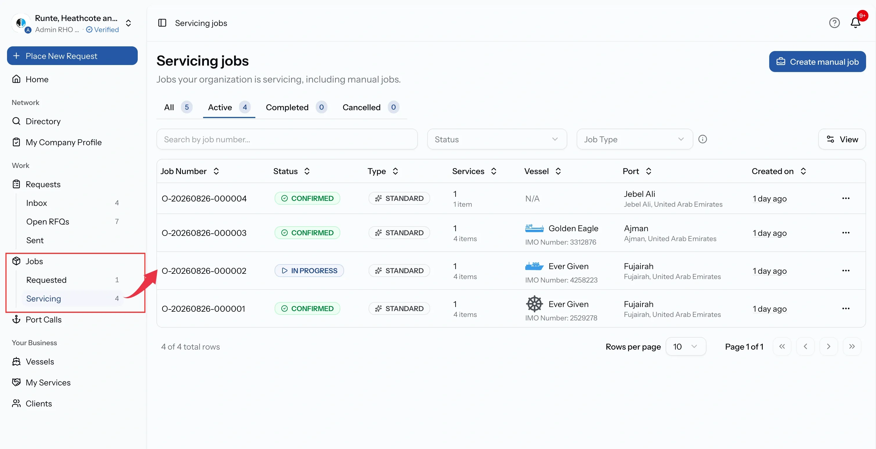 PortzApp jobs list showing status tabs with counts, header actions for sending a request or creating a manual job, and several job rows