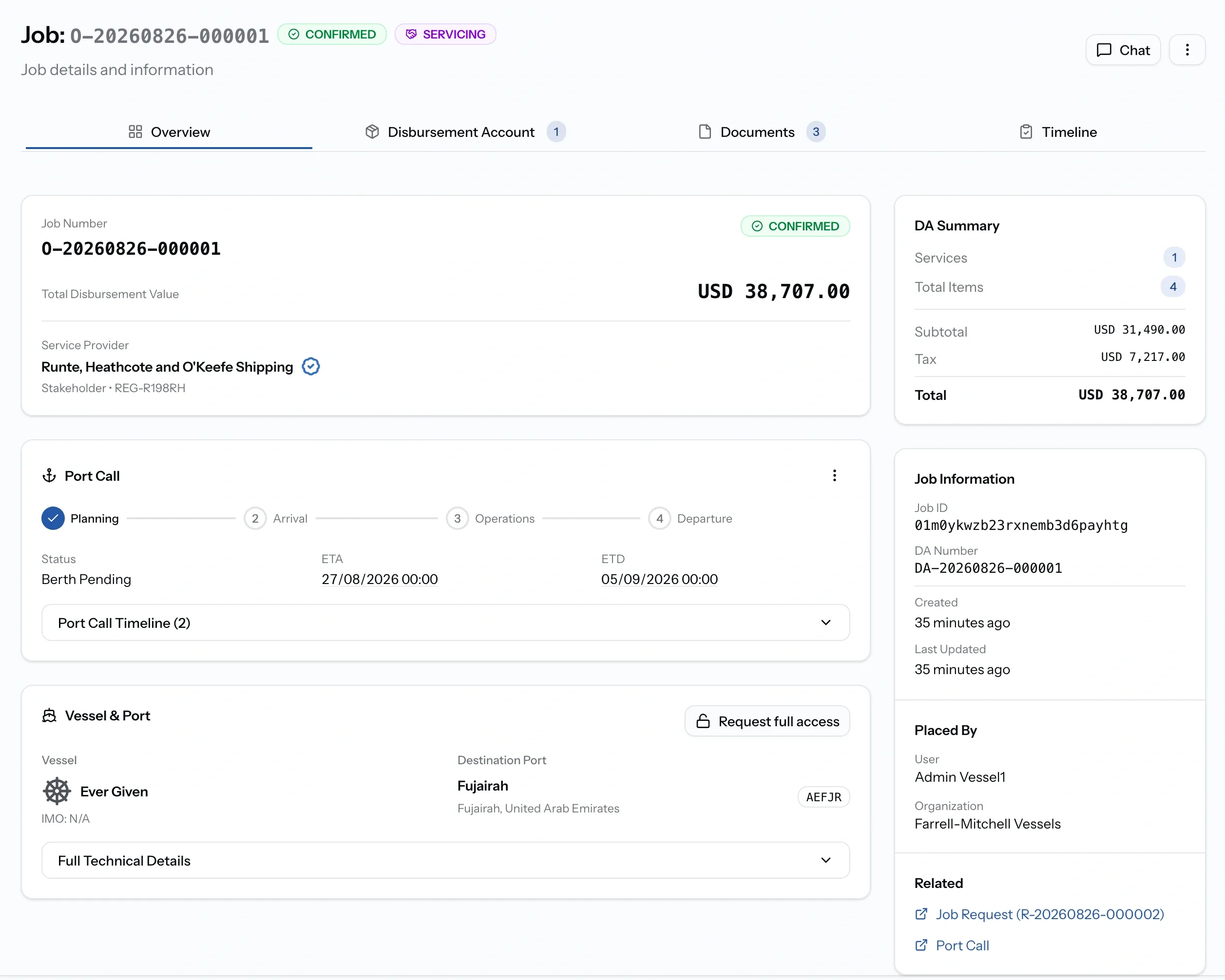PortzApp job workspace showing the job number with confirmed and servicing badges, the four tabs, the total disbursement value, and a DA summary of services, items and totals