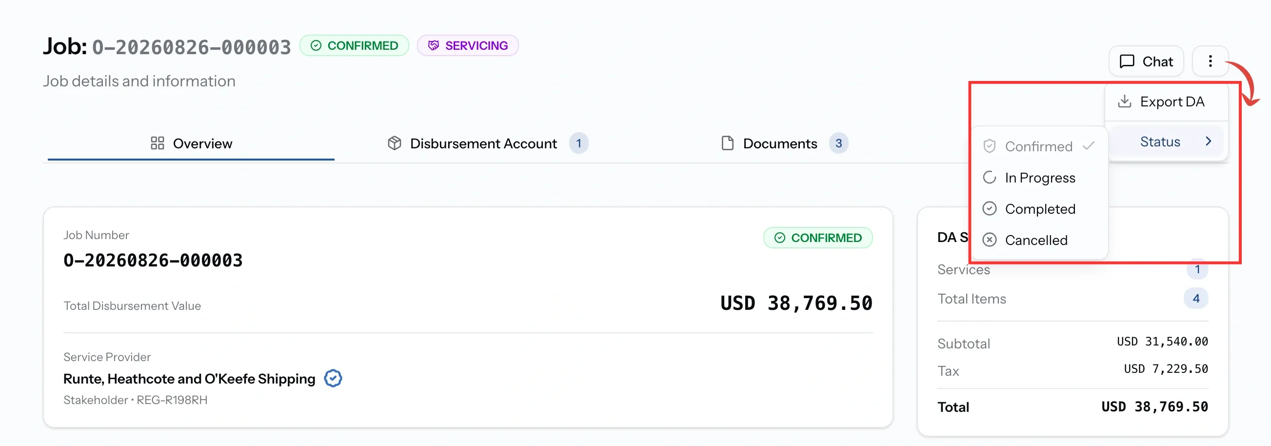 PortzApp job menu open showing Export DA and the status submenu with confirmed ticked and in progress, completed and cancelled available