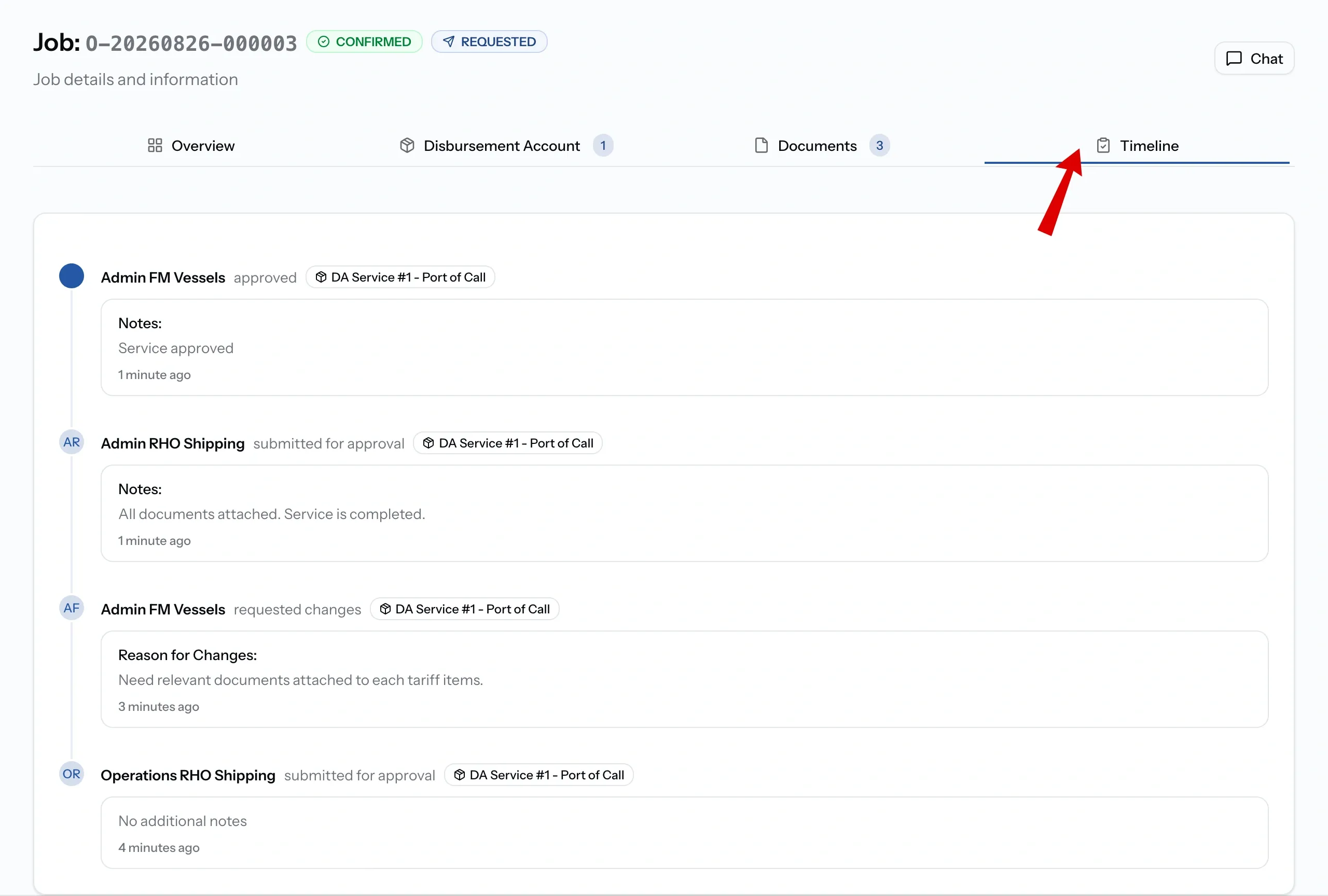 PortzApp job Timeline seen by the requesting organization, showing approvals and change requests with the reasons given