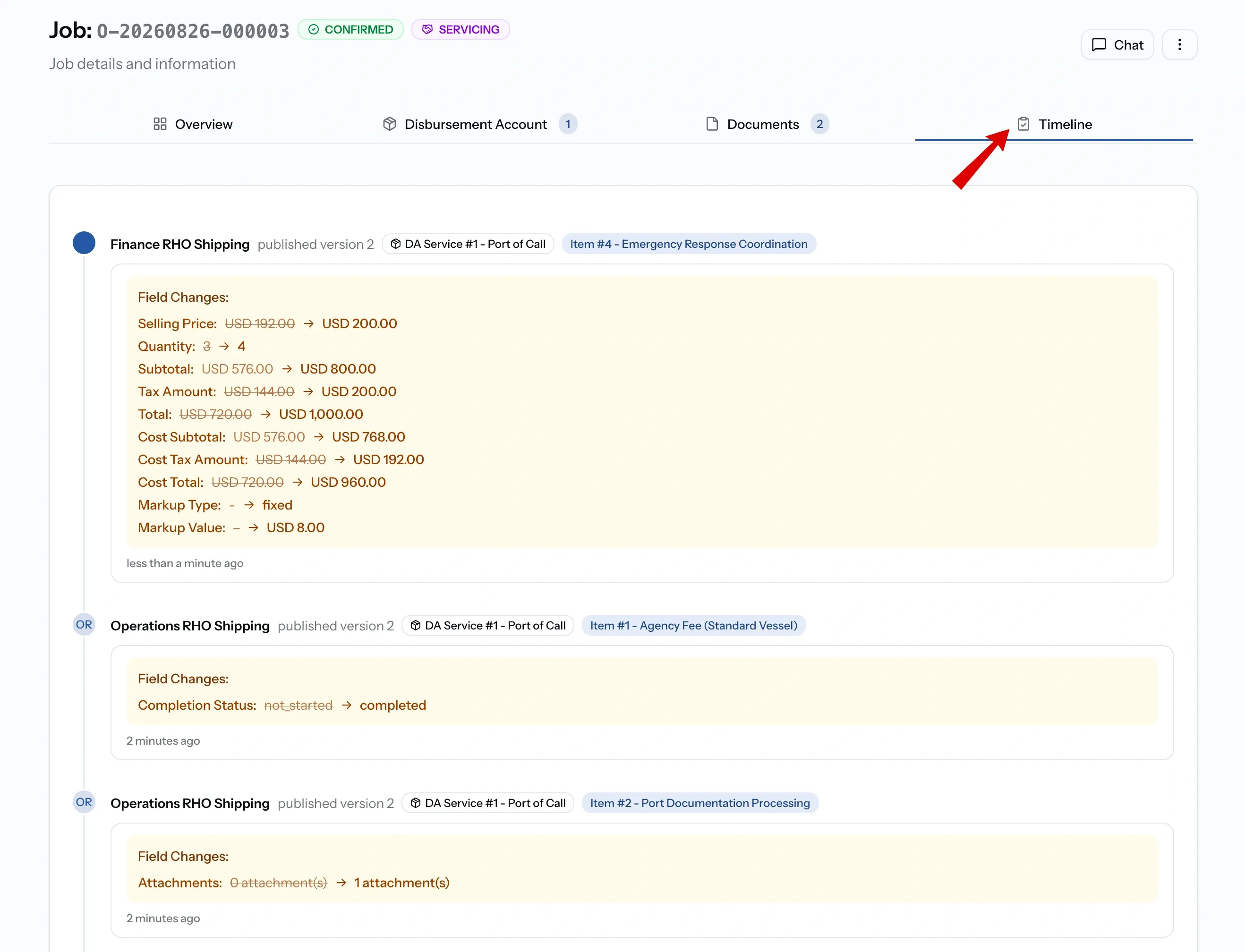 PortzApp job Timeline seen by the provider, showing published item versions with field changes covering selling price, quantity, totals, cost figures and markup