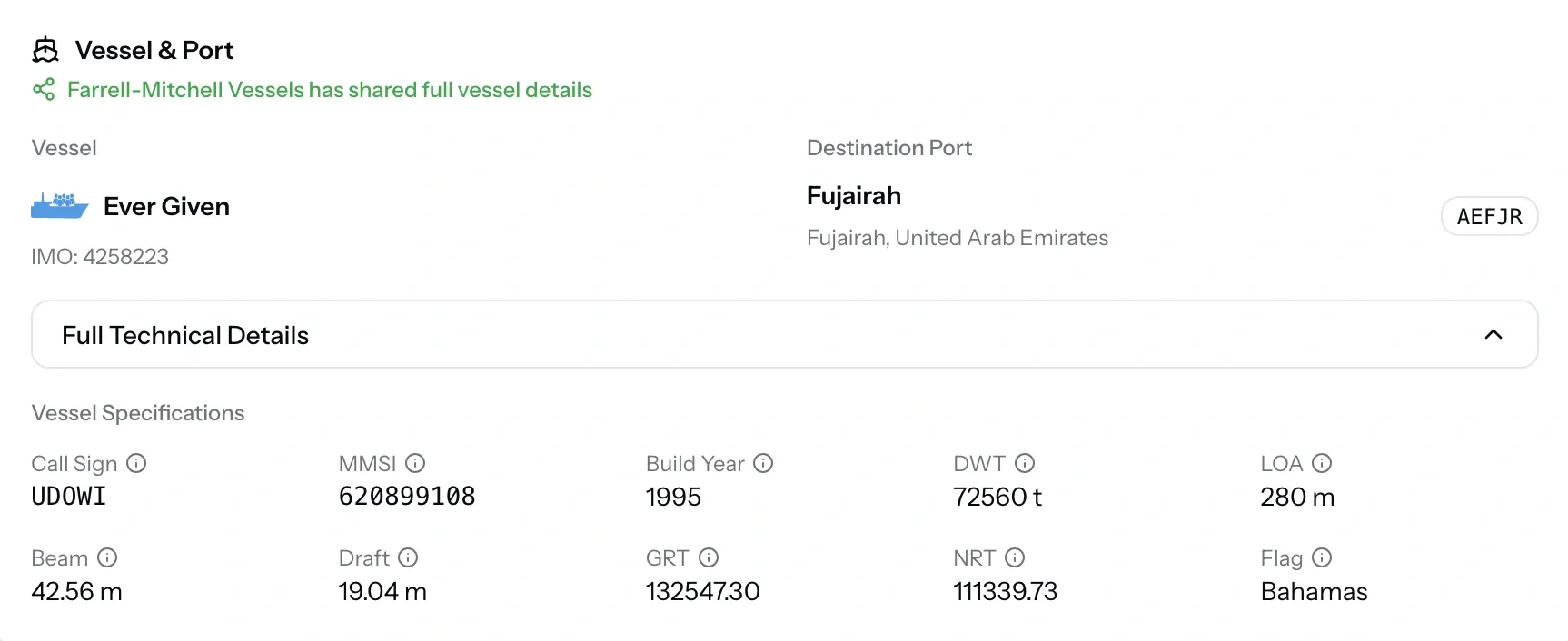Vessel details section of a PortzApp job showing the full record including IMO number, flag state, call sign, MMSI, tonnages and dimensions