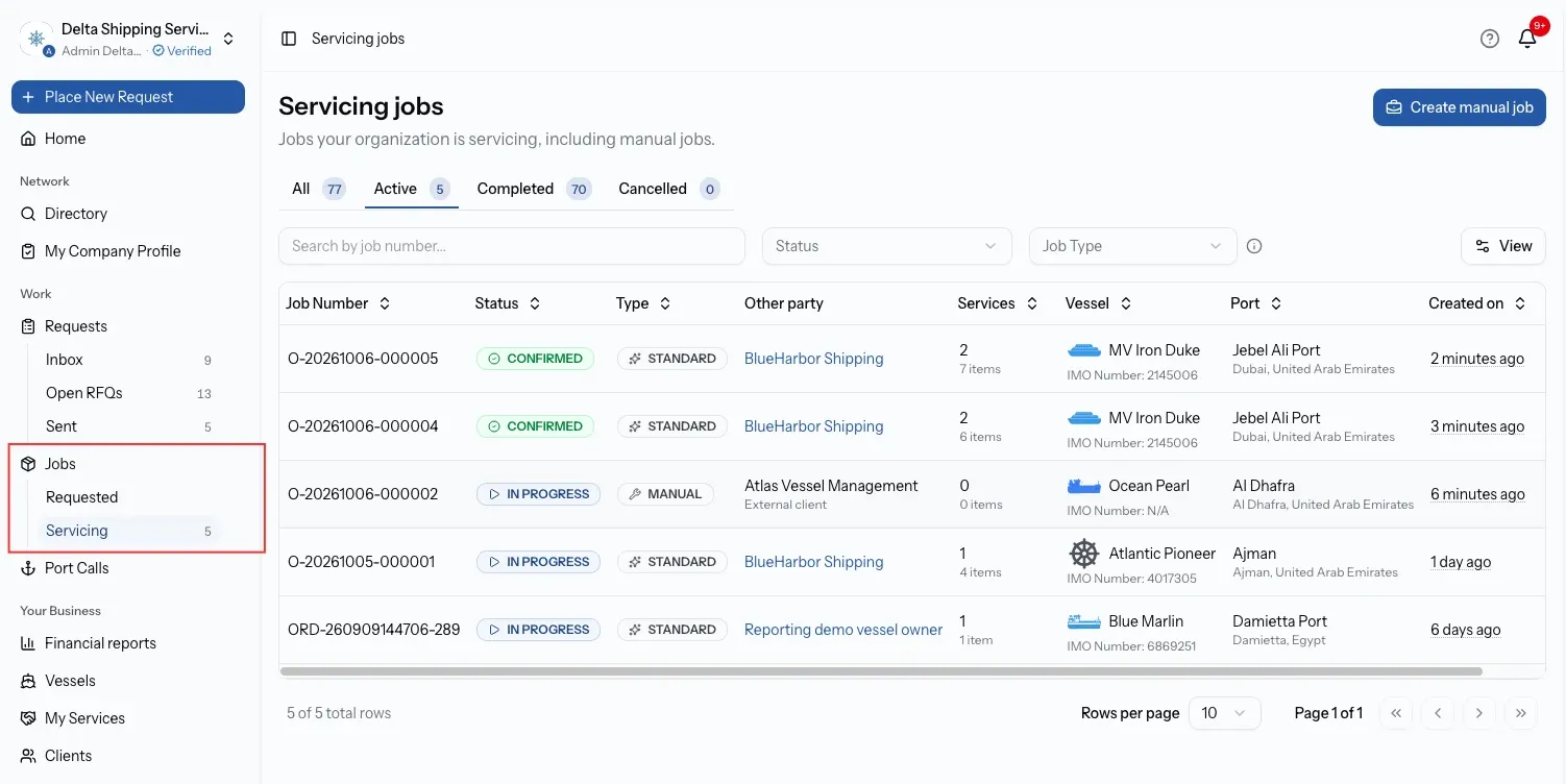 Provider sidebar with Jobs expanded to Requested and Servicing