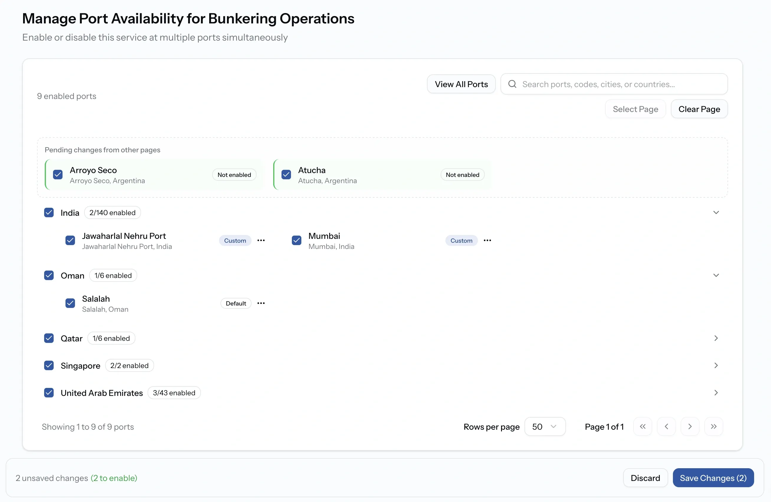 PortzApp manage port availability page showing countries with enabled counts, expandable port lists with checkboxes, and select page and clear page controls