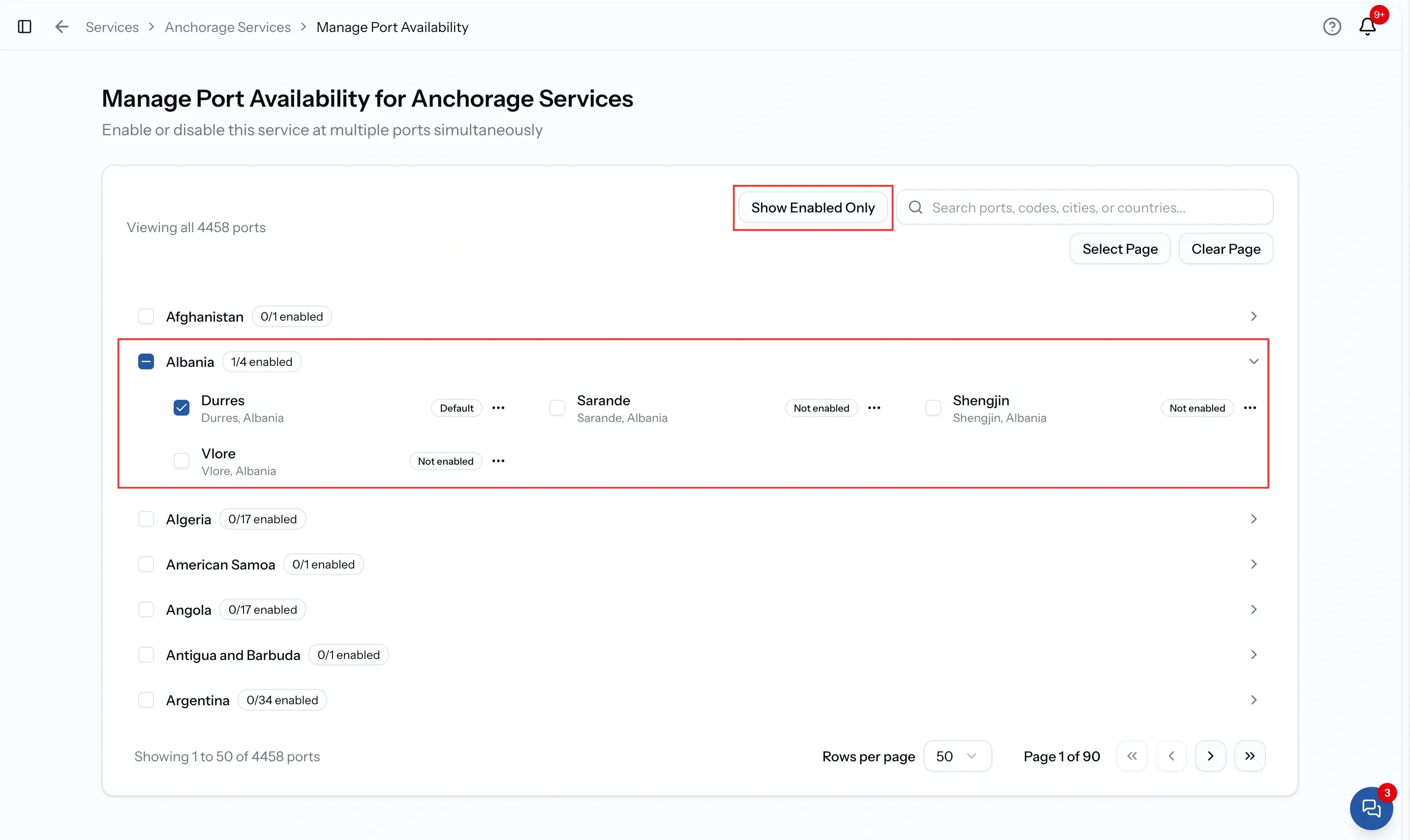 Manage Port Availability for a service, showing ports grouped by country with enabled counts, a search box, and a view toggle