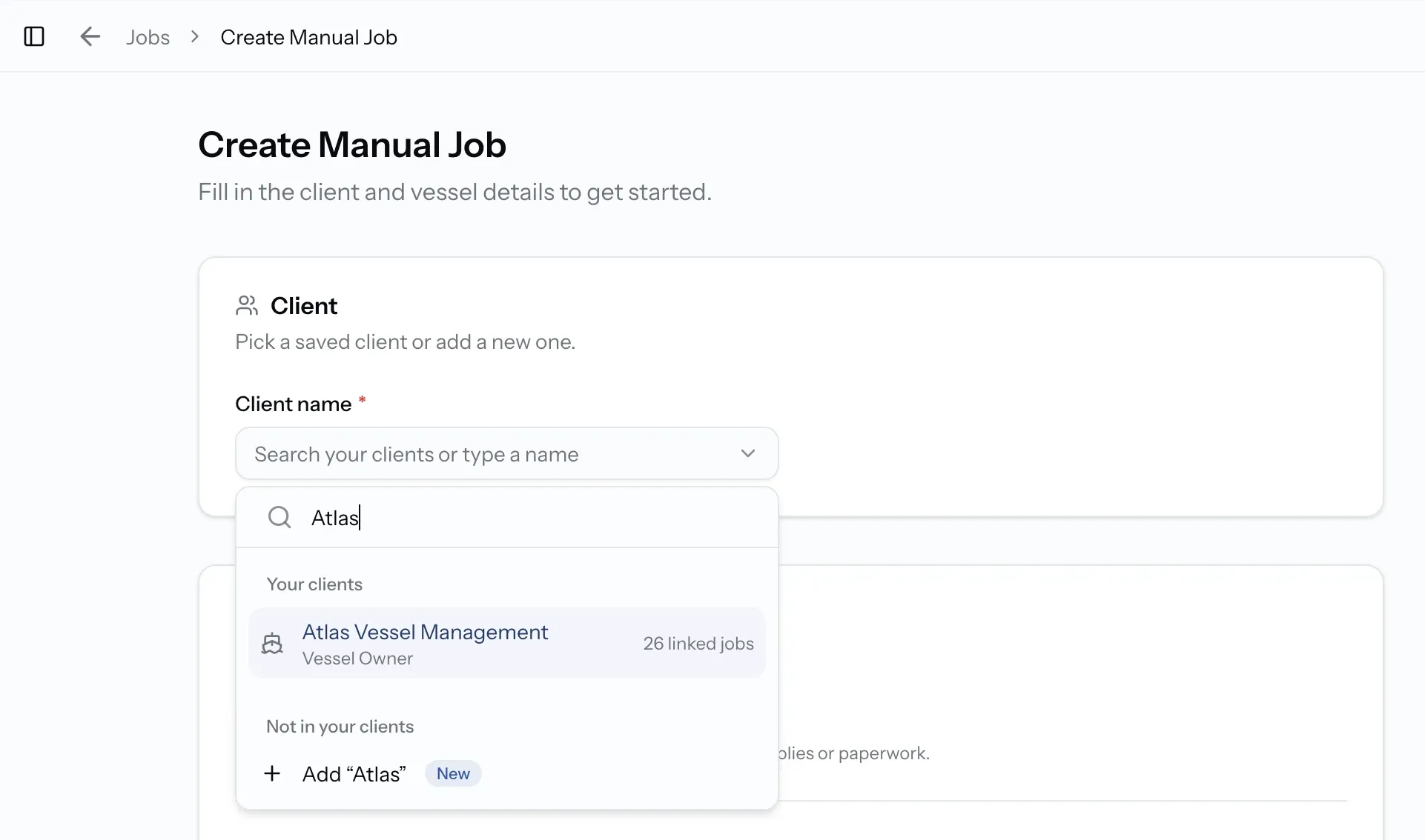 Client name dropdown with saved clients and a New option