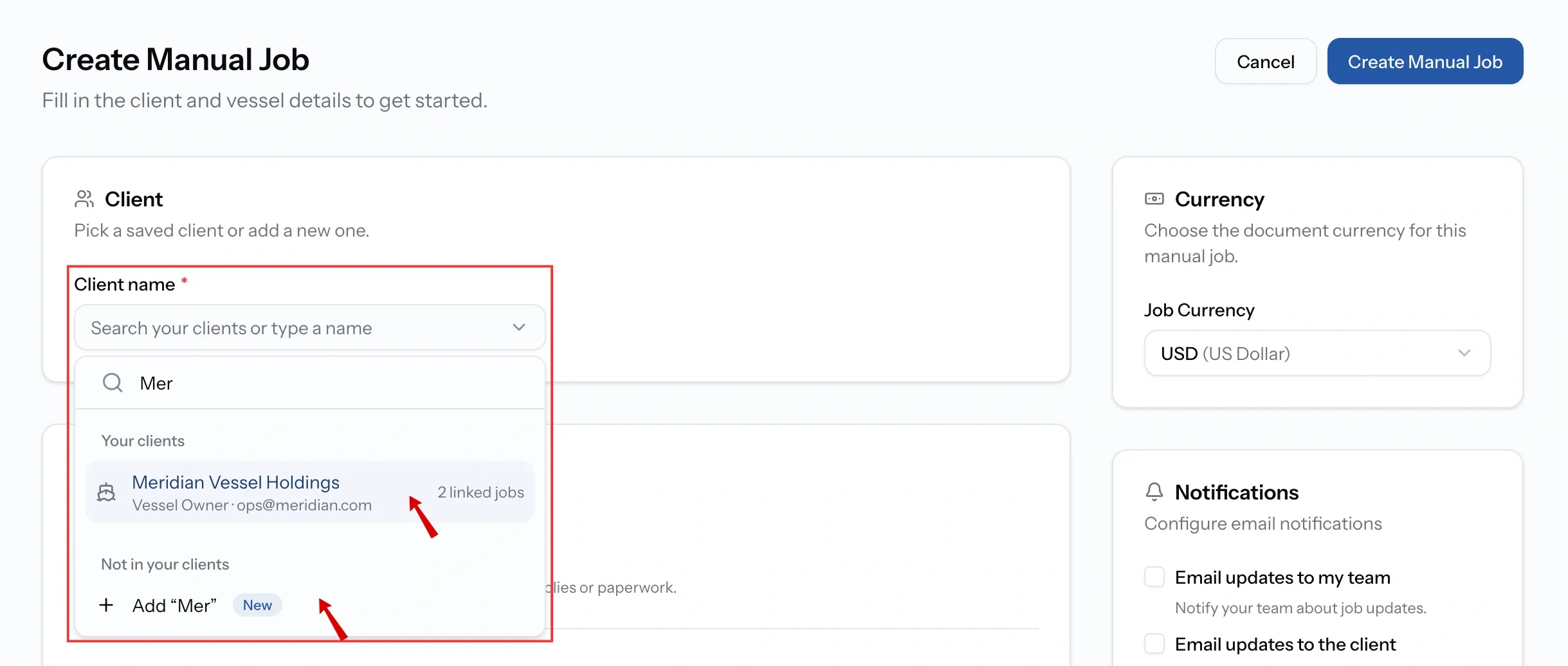 Client section of the PortzApp create manual job form searching saved clients with the option to type a new name
