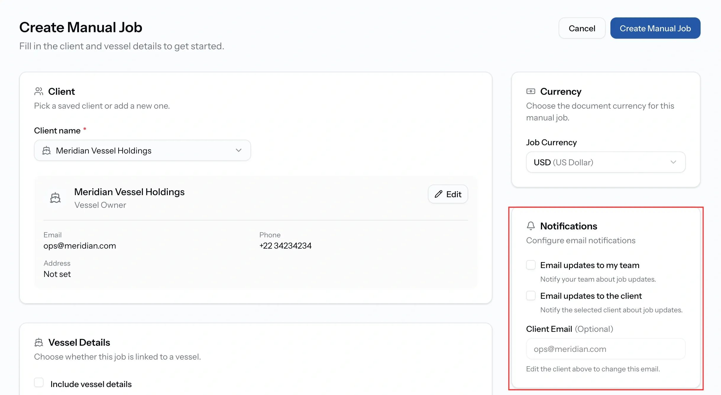 Notifications section of the PortzApp create manual job form with options to email updates to the team and to the client, and a note that the selected client has no email