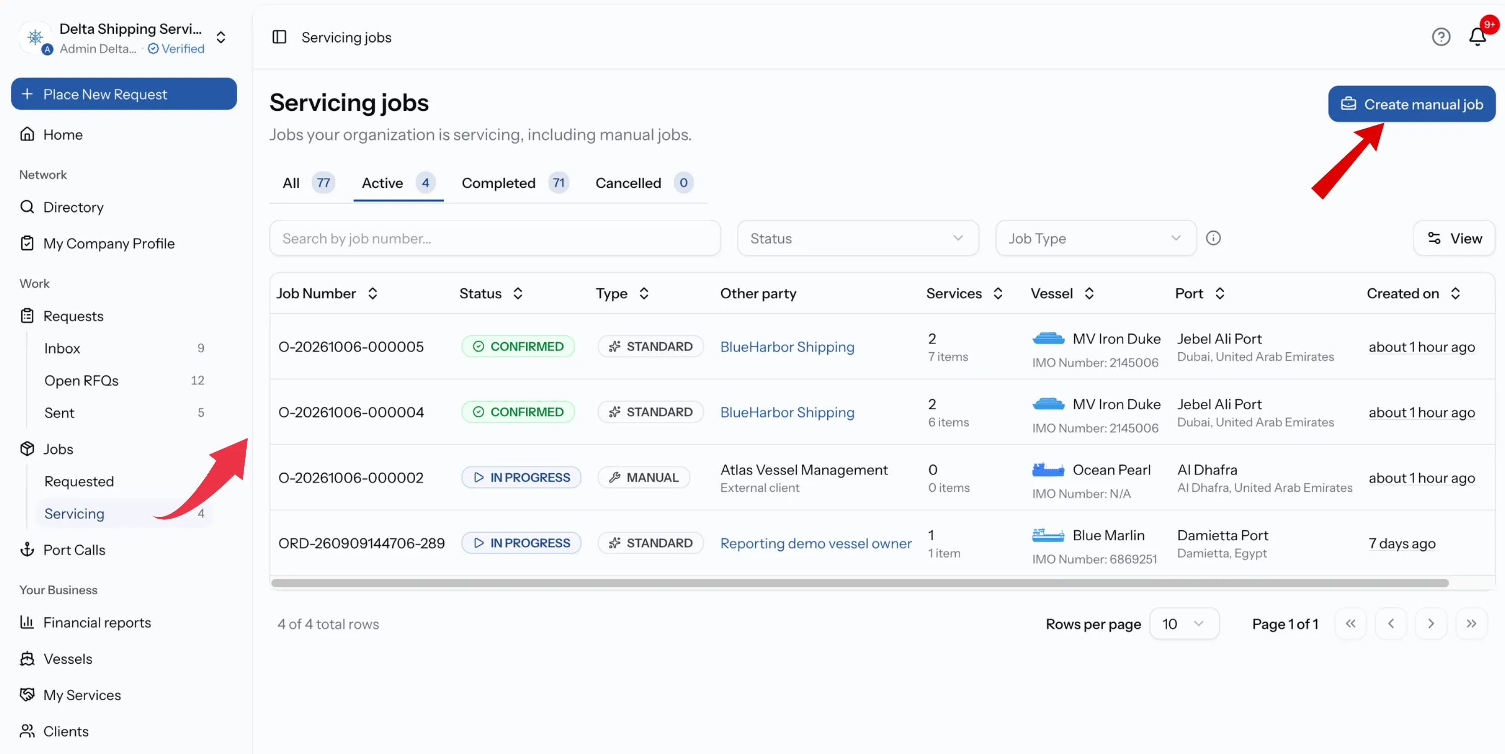 Servicing jobs list with the Create manual job button