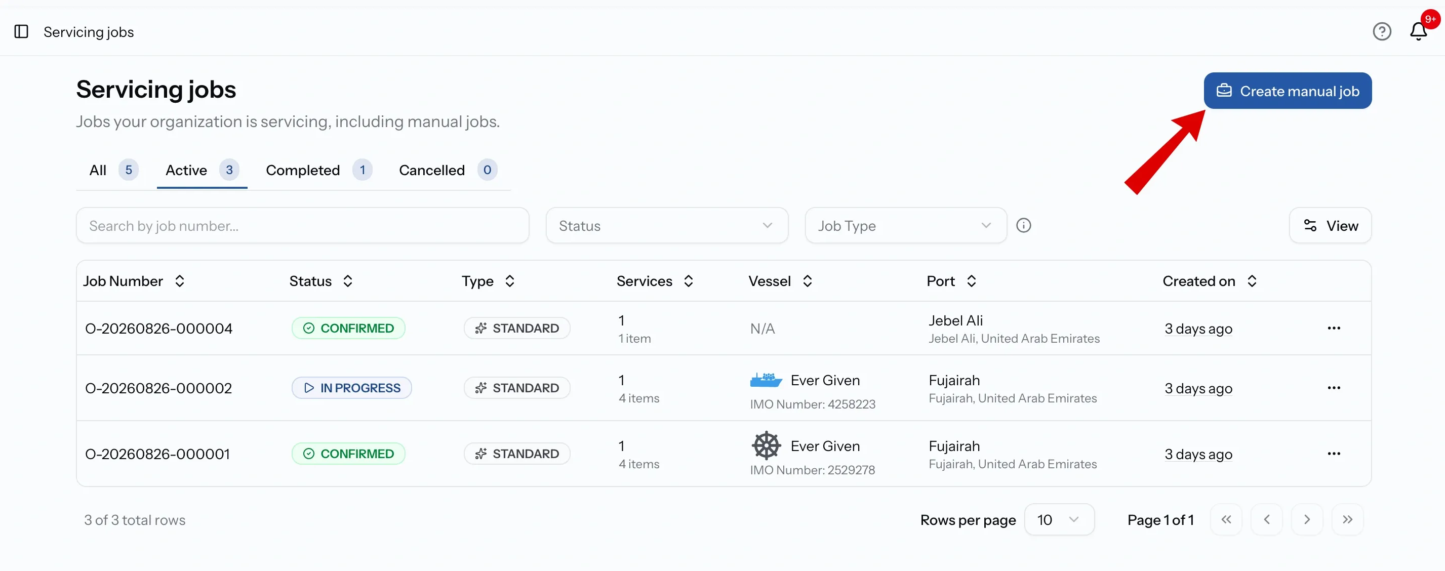 PortzApp servicing jobs list with the create manual job action highlighted, showing job numbers, statuses, types, services, vessels and ports