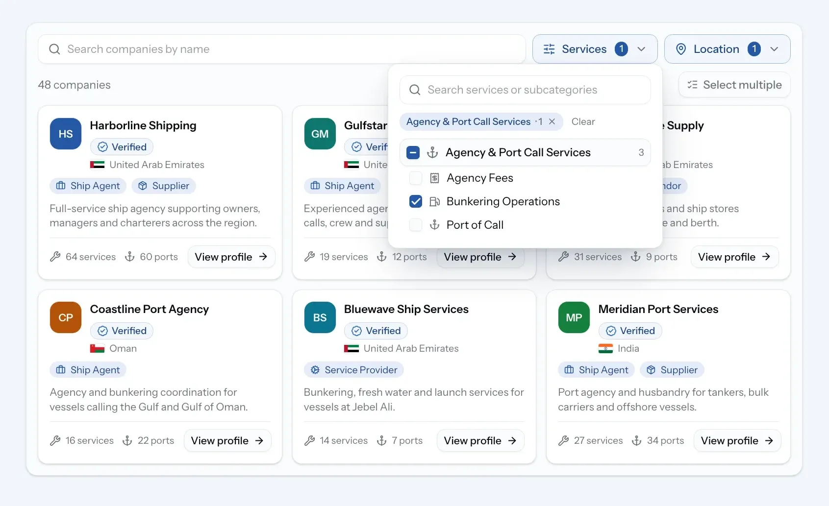 Maritime Directory filtered by service and port, showing verified companies.