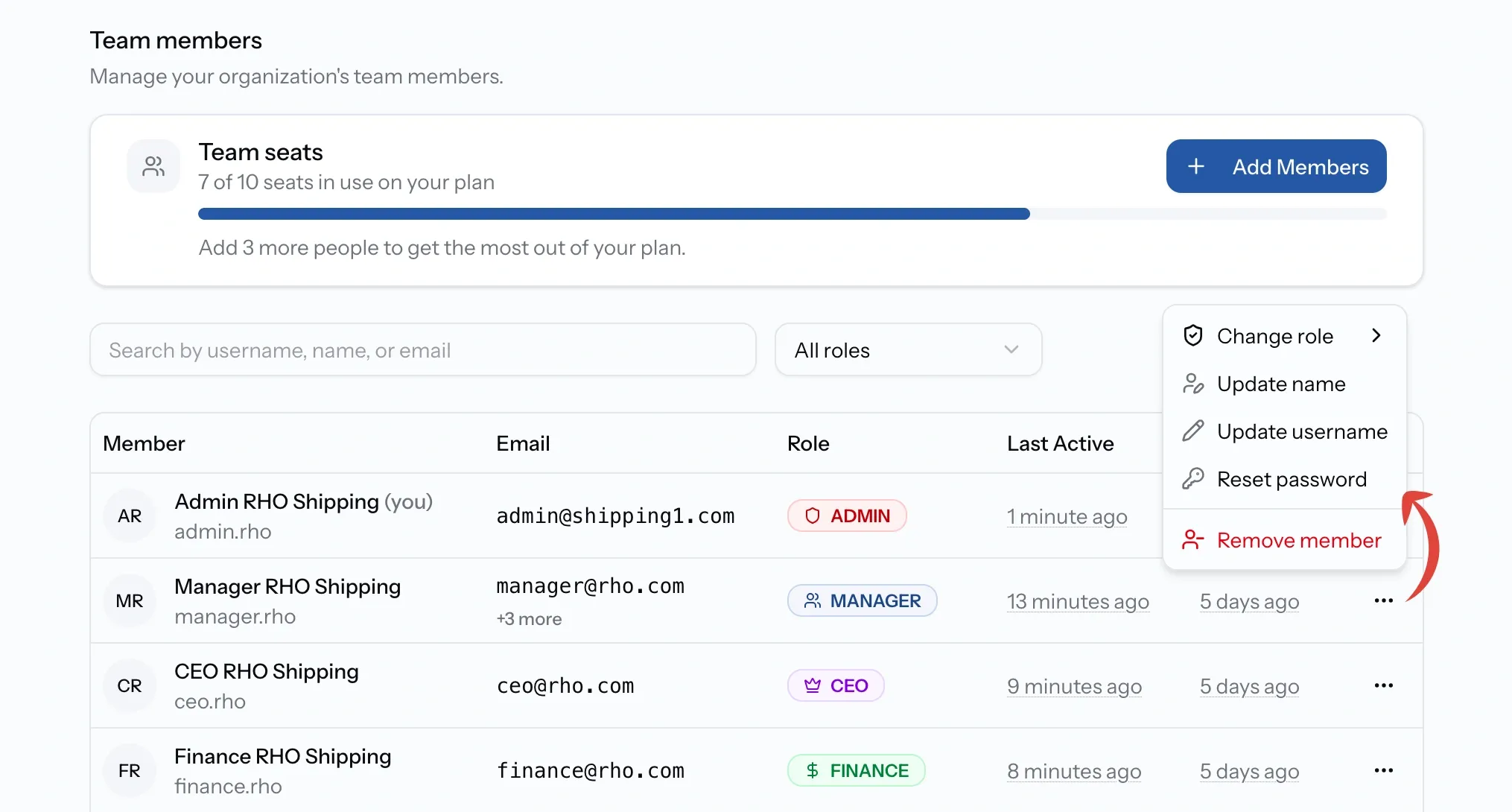 PortzApp member actions menu showing update name, update username, change role, reset password and remove options