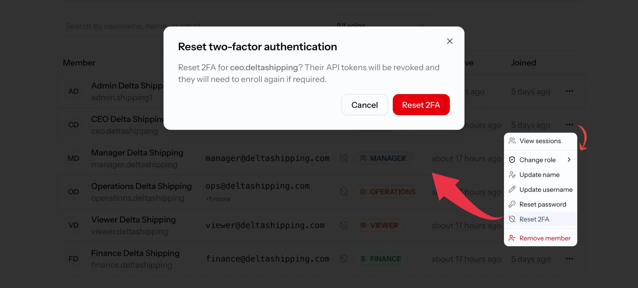 Reset two-factor authentication confirmation
