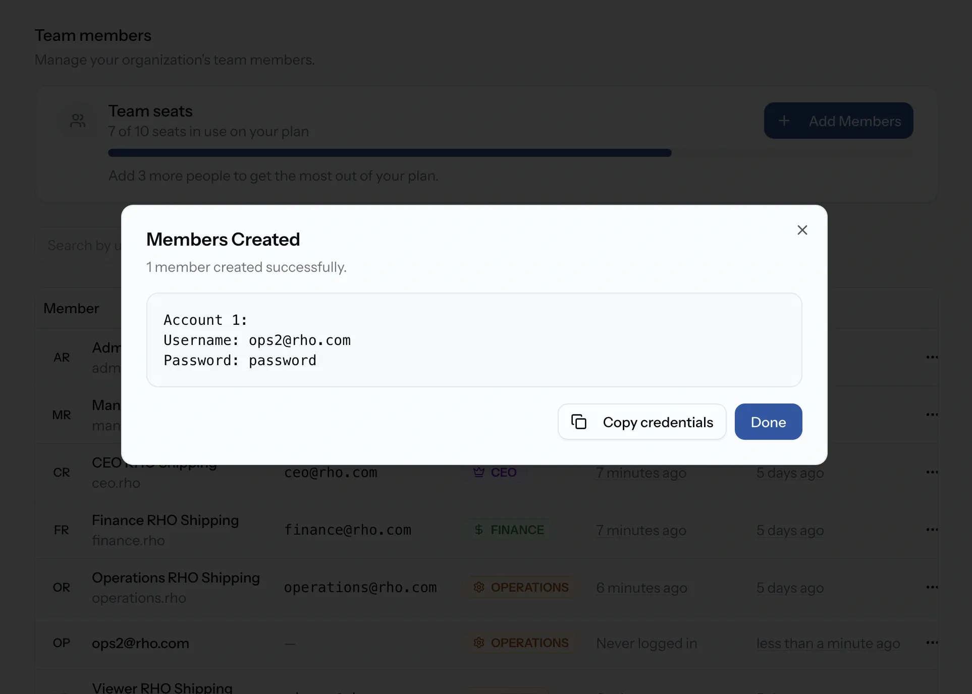 PortzApp members created dialog listing each new account's username and password with a copy credentials button