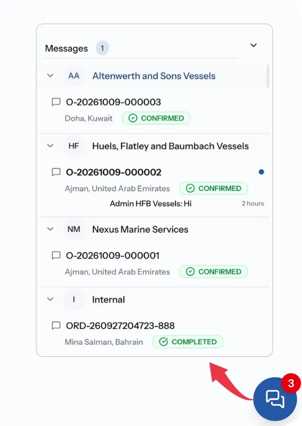 Messages dock with chats grouped by company and job