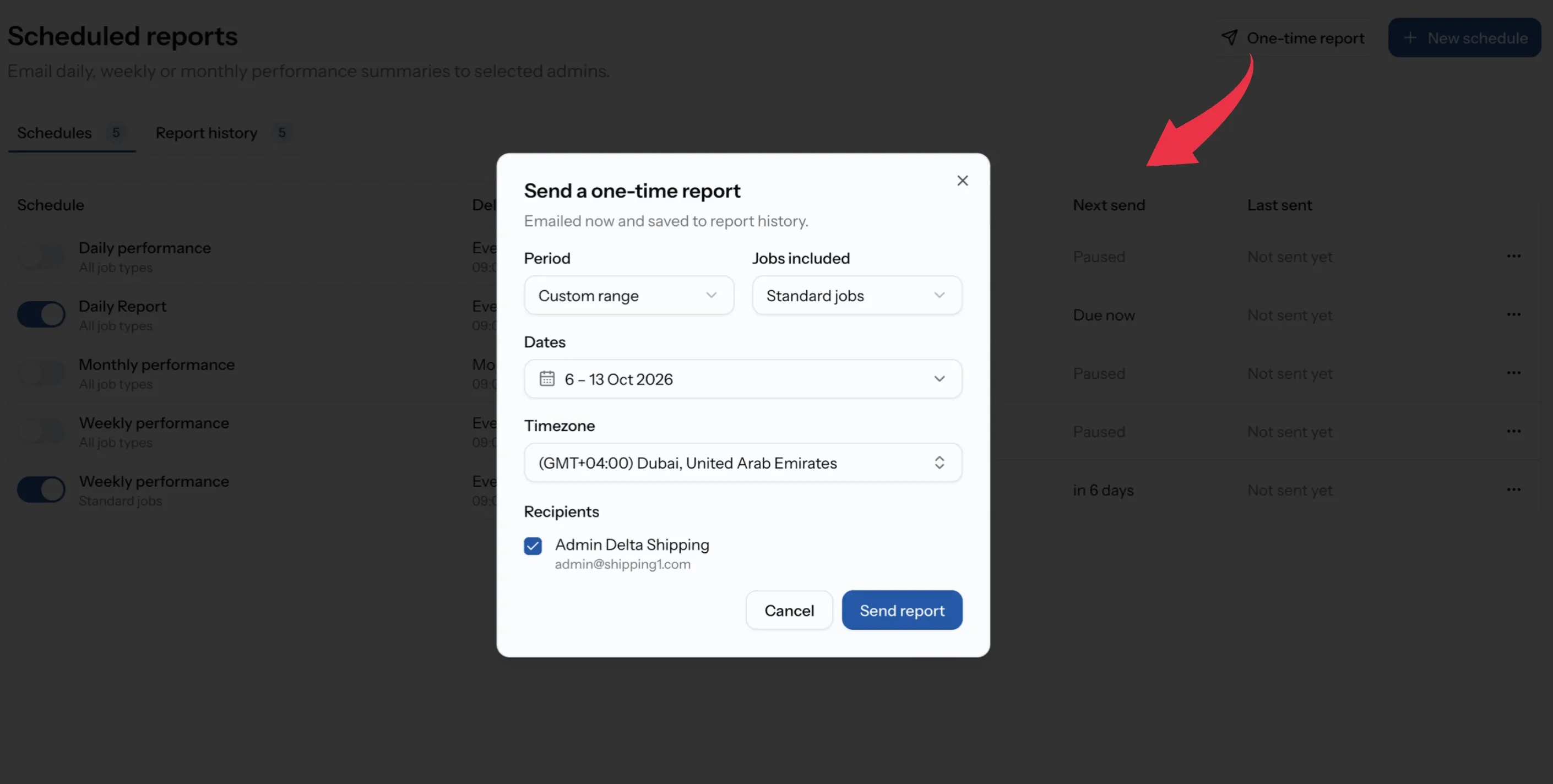 Send a one-time report with period, jobs and recipients